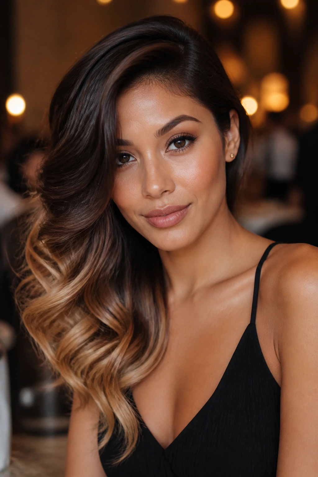 Portrait of a real person with side swept glam waves and melted caramel ends