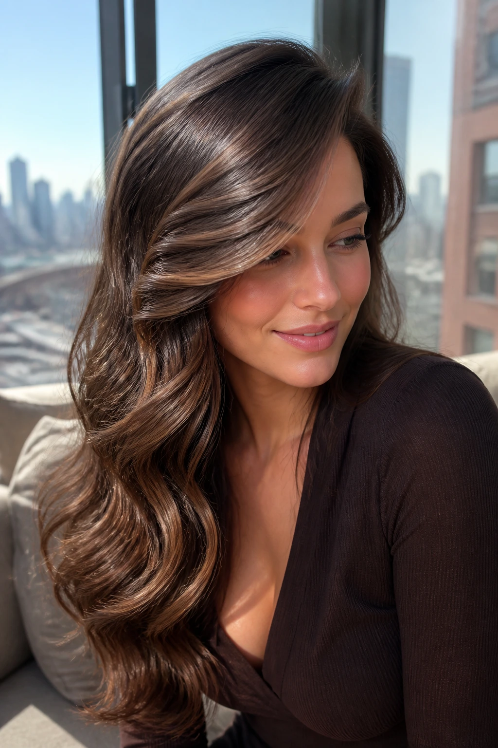 Portrait of a woman with side-swept glam waves and mocha babylights
