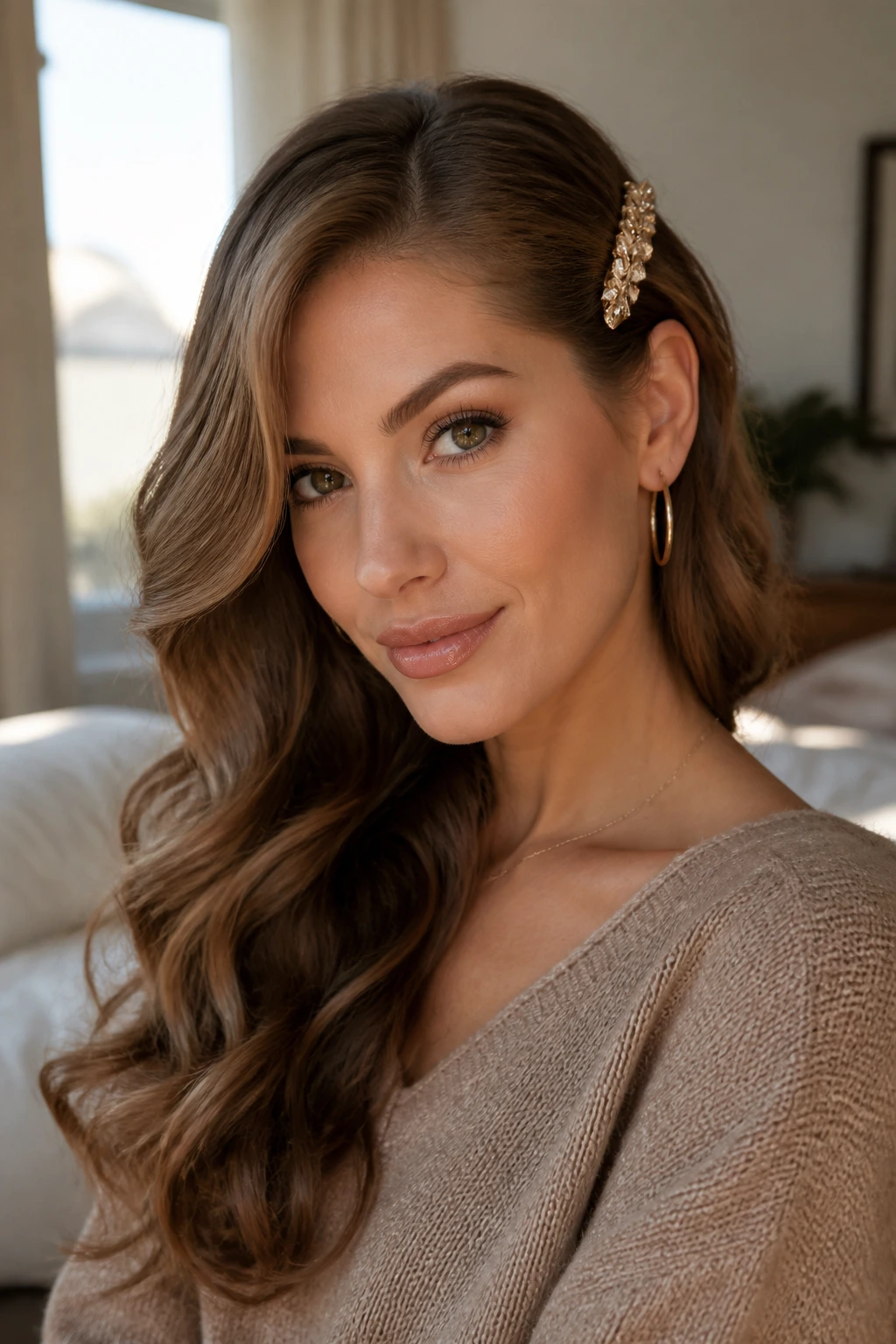 Close-up portrait of a woman with side-swept waves pinned above the ear