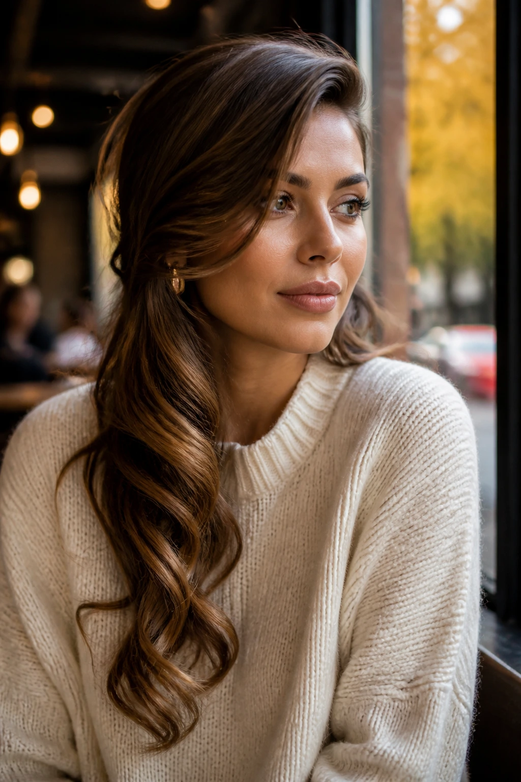 Portrait of a woman with side-swept glam waves