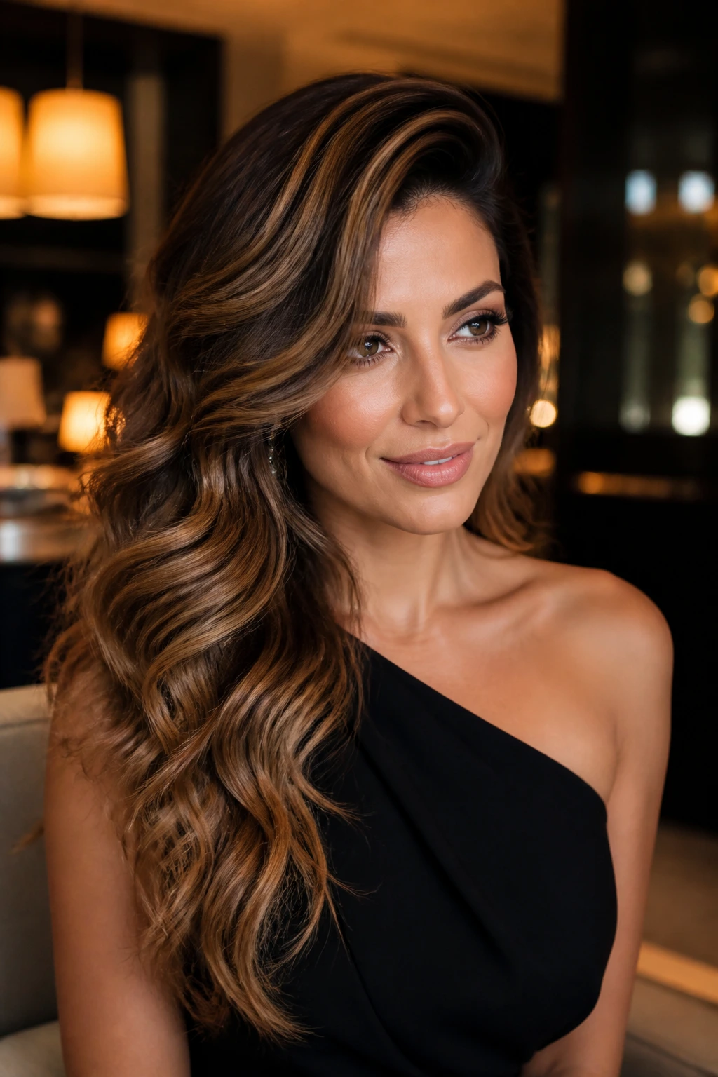Close-up portrait of a real woman with side-swept glam waves and a root shadow, elegant indoor lighting