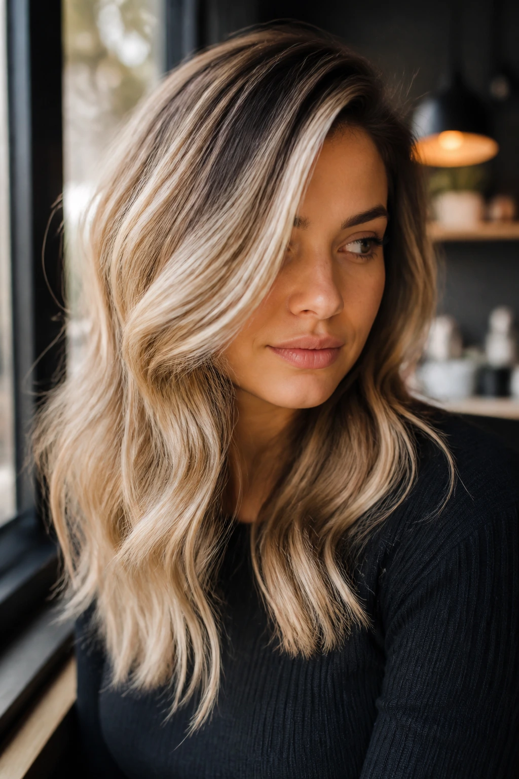 Close-up of softly rooted side-swept waves on dark hair