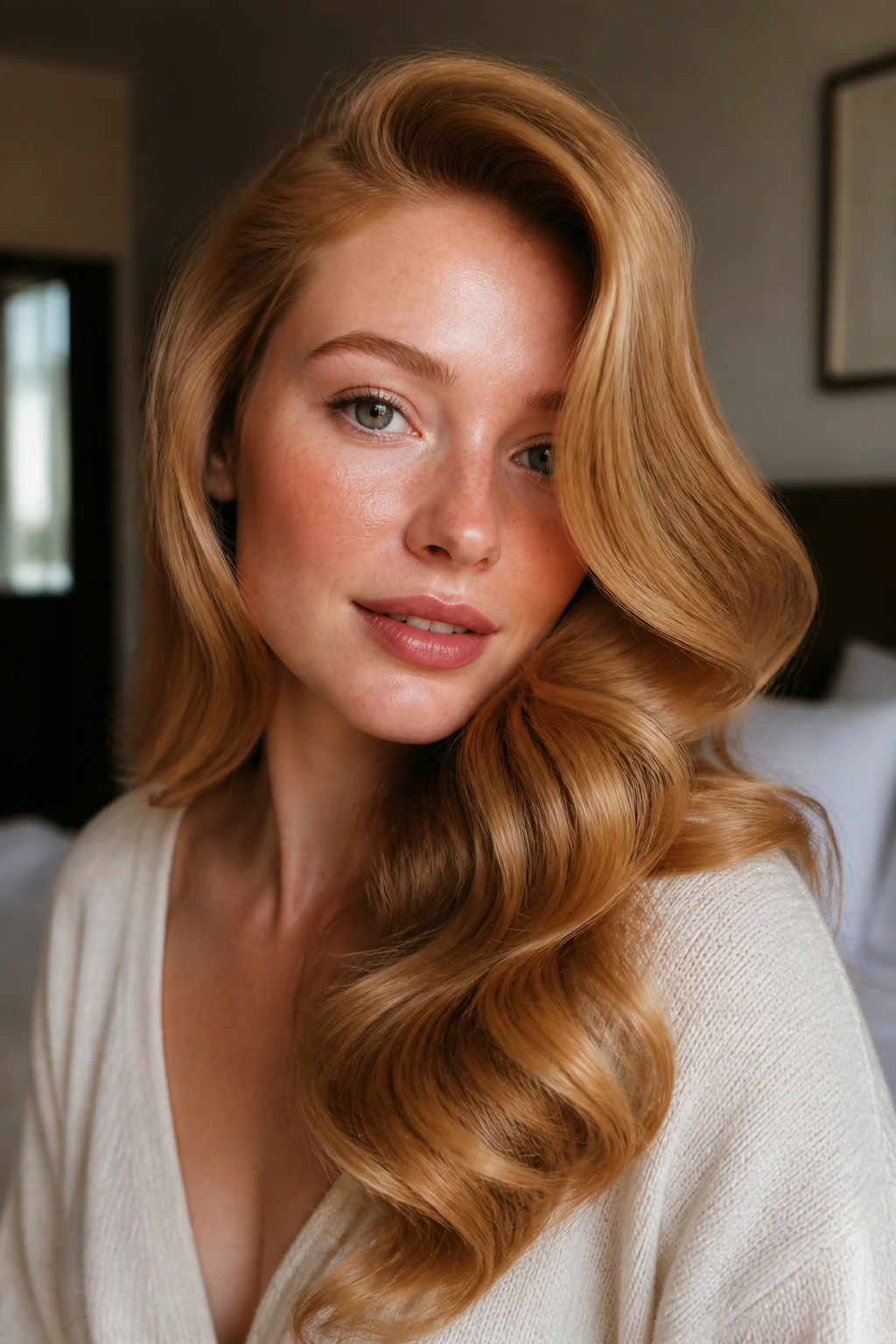 Close-up of a real woman with side-swept Hollywood waves in strawberry blonde with honey highlights