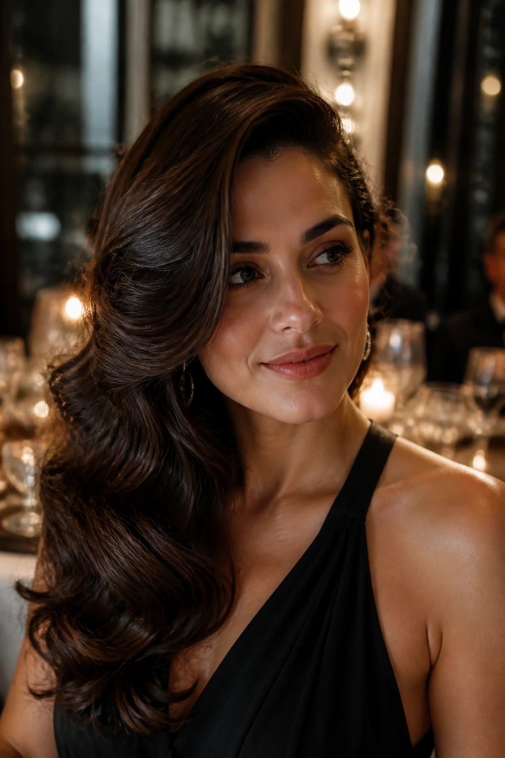 Portrait of a woman with deep side-swept waves in soft lighting