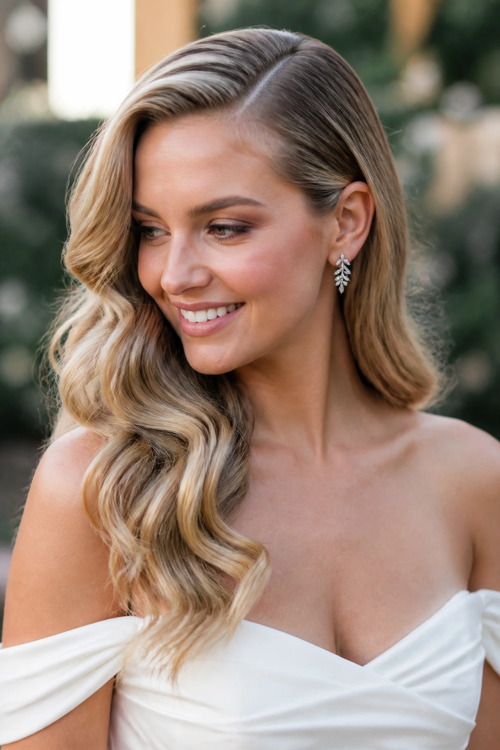 Bride with deep part and side-swept waves
