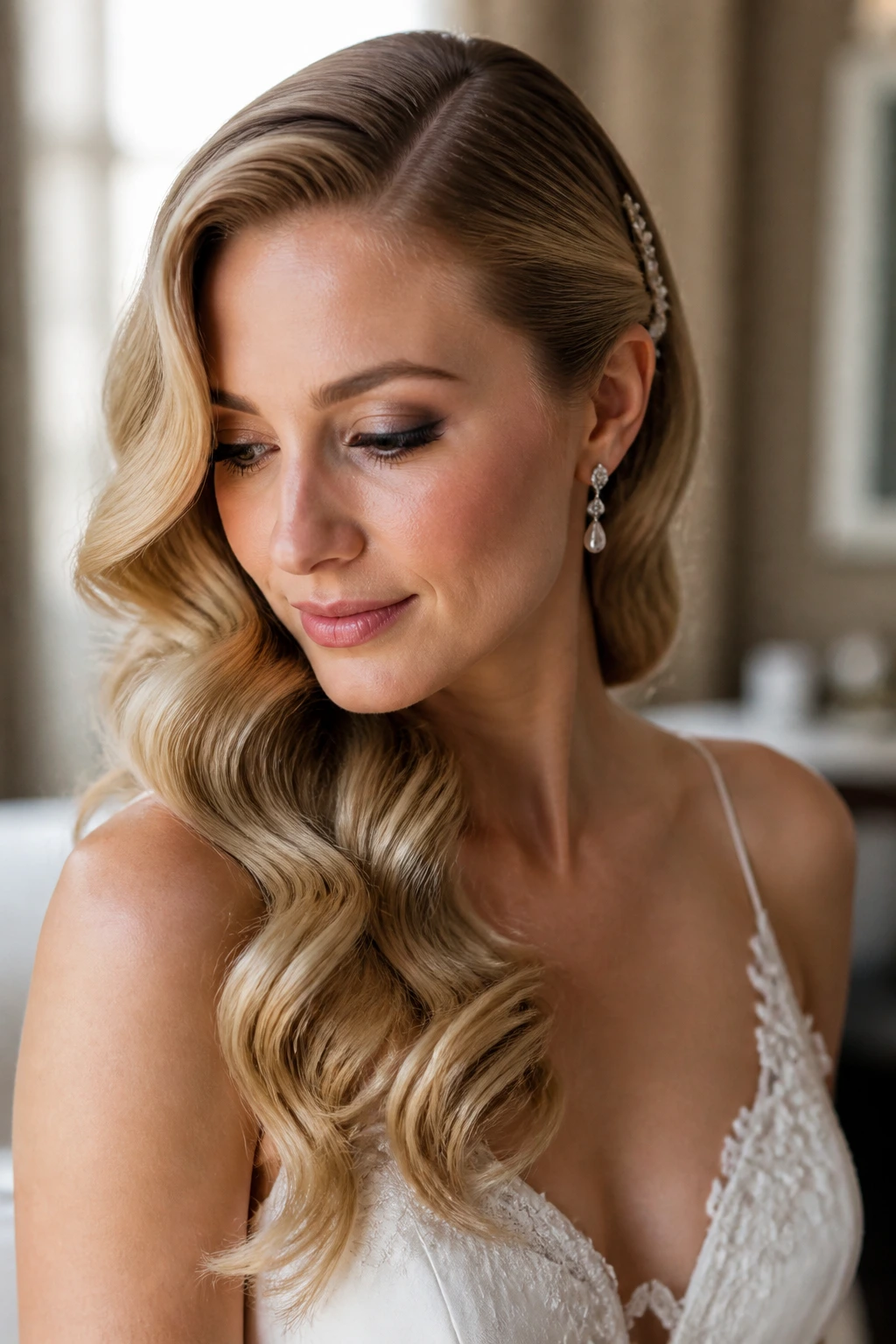 Close-up of a real woman with side-swept Hollywood waves in a bridal suite