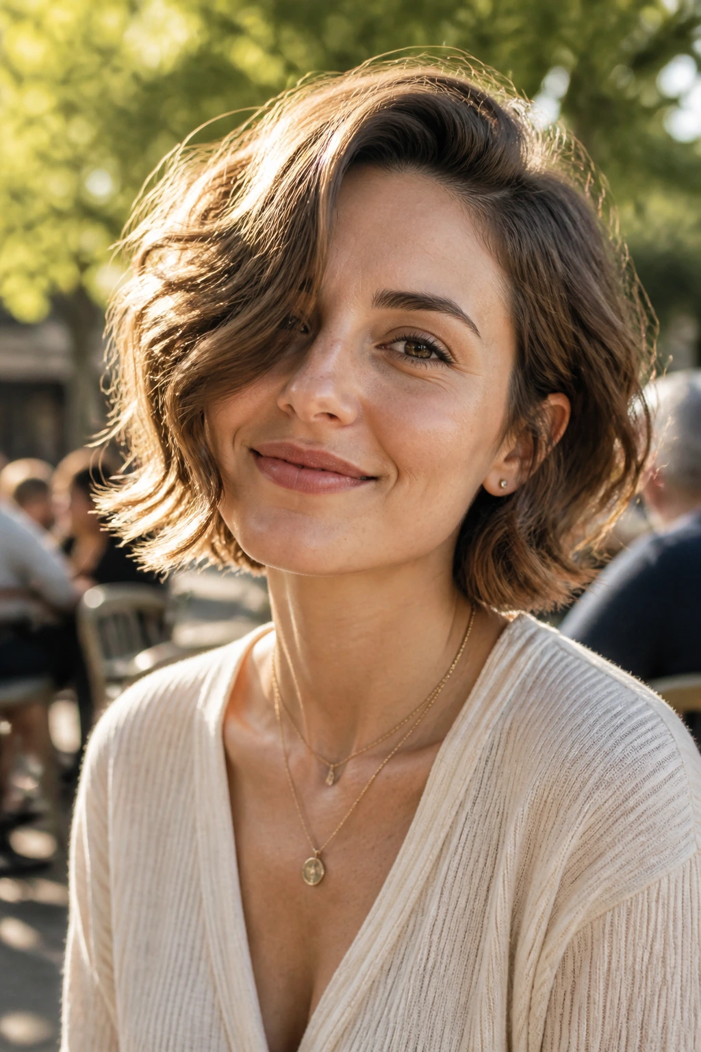 Close-up portrait of a real woman with a side-swept wavy bob.