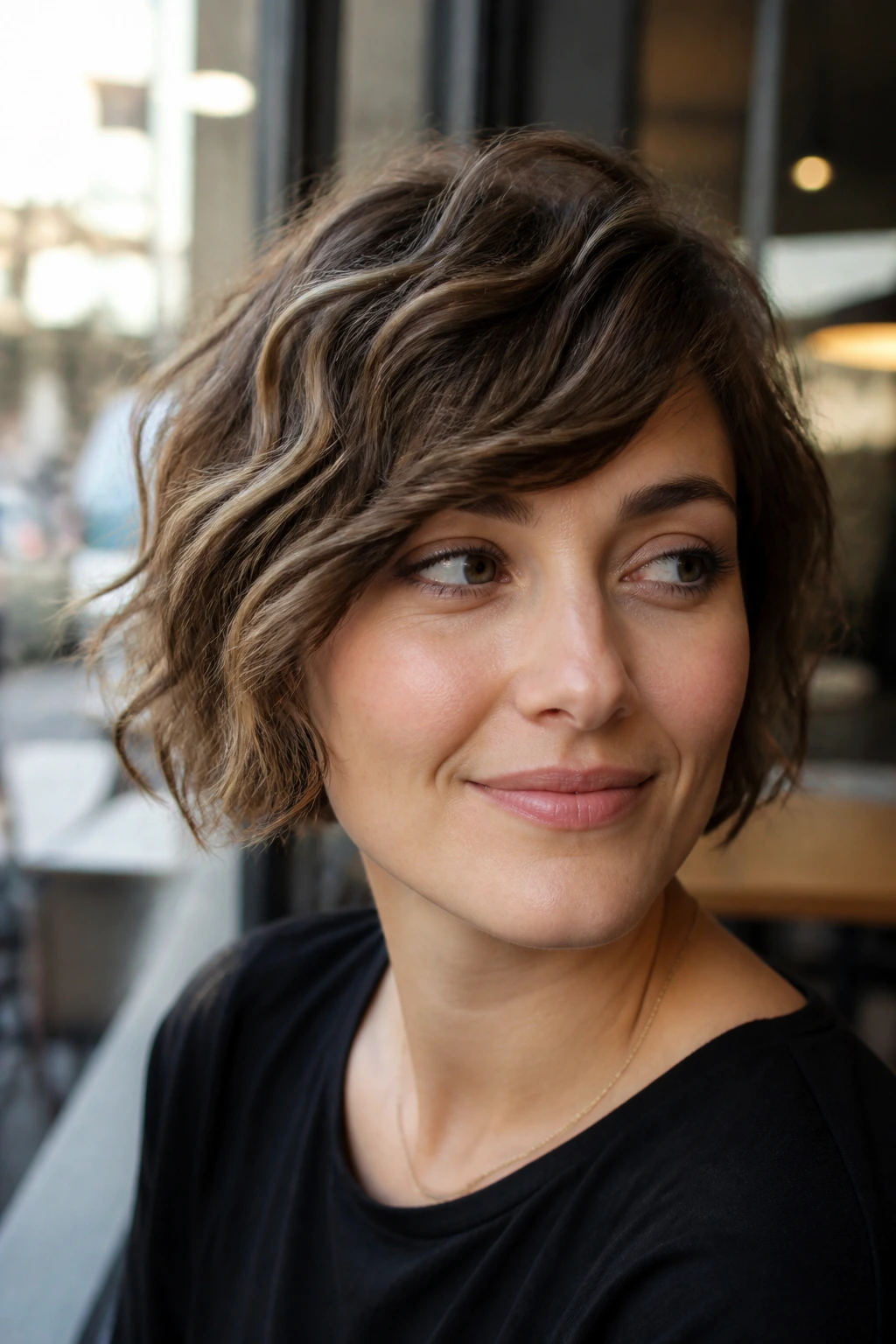 Close-up portrait of a real woman with a short haircut and side-swept wavy fringe in warm cafe light.
