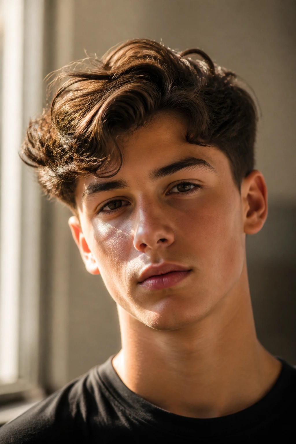 Close-up of a real boy with a side-swept hairstyle on wavy hair