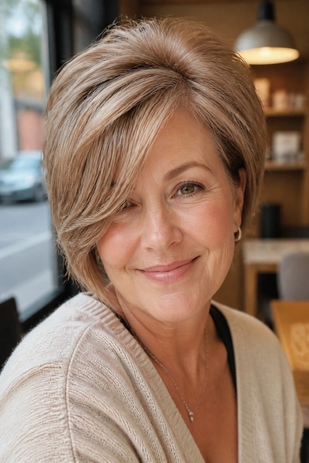 Real woman with side-swept volume wedge hairstyle in a cafe setting.