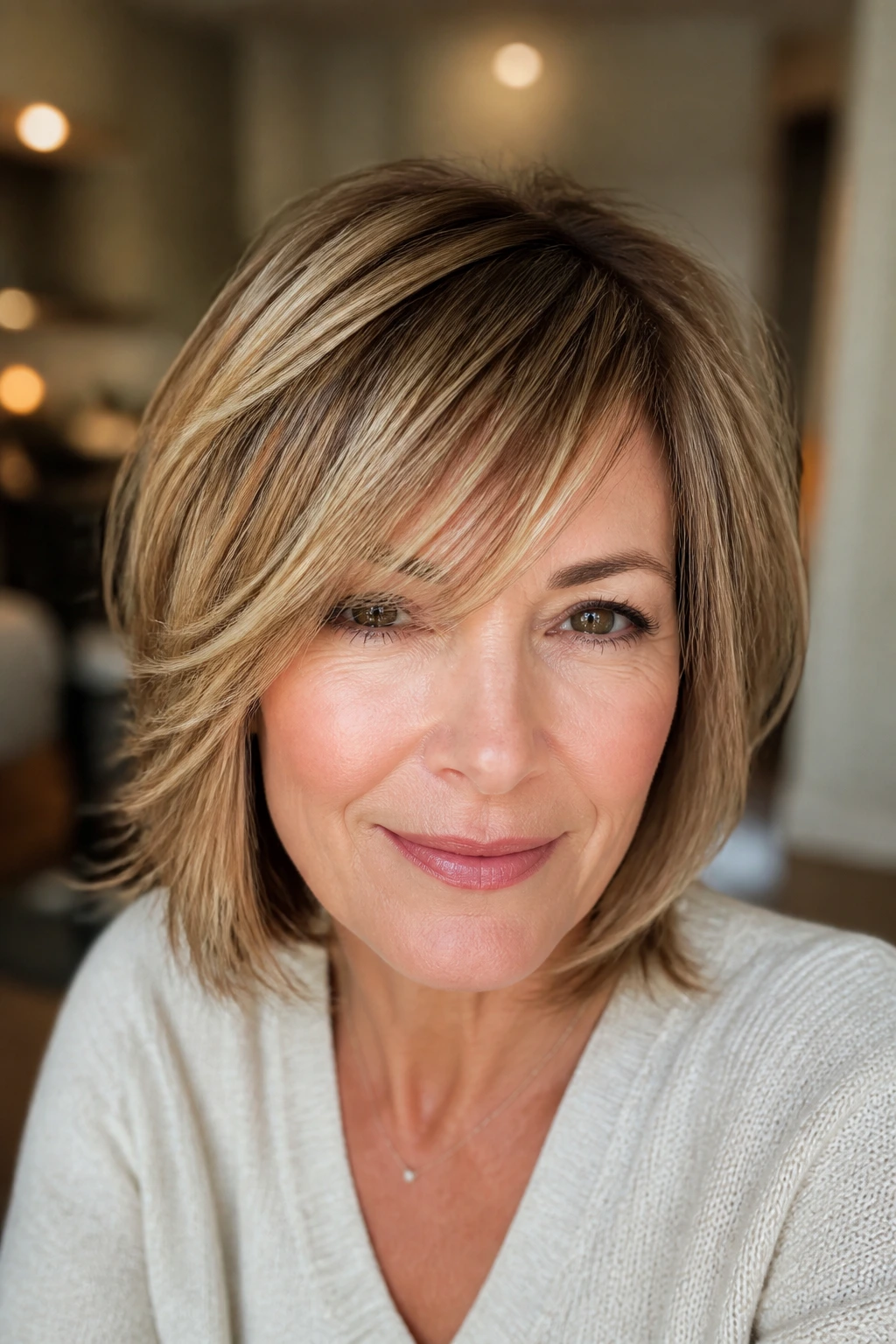 Close-up portrait of a real woman with side-swept wispy bangs