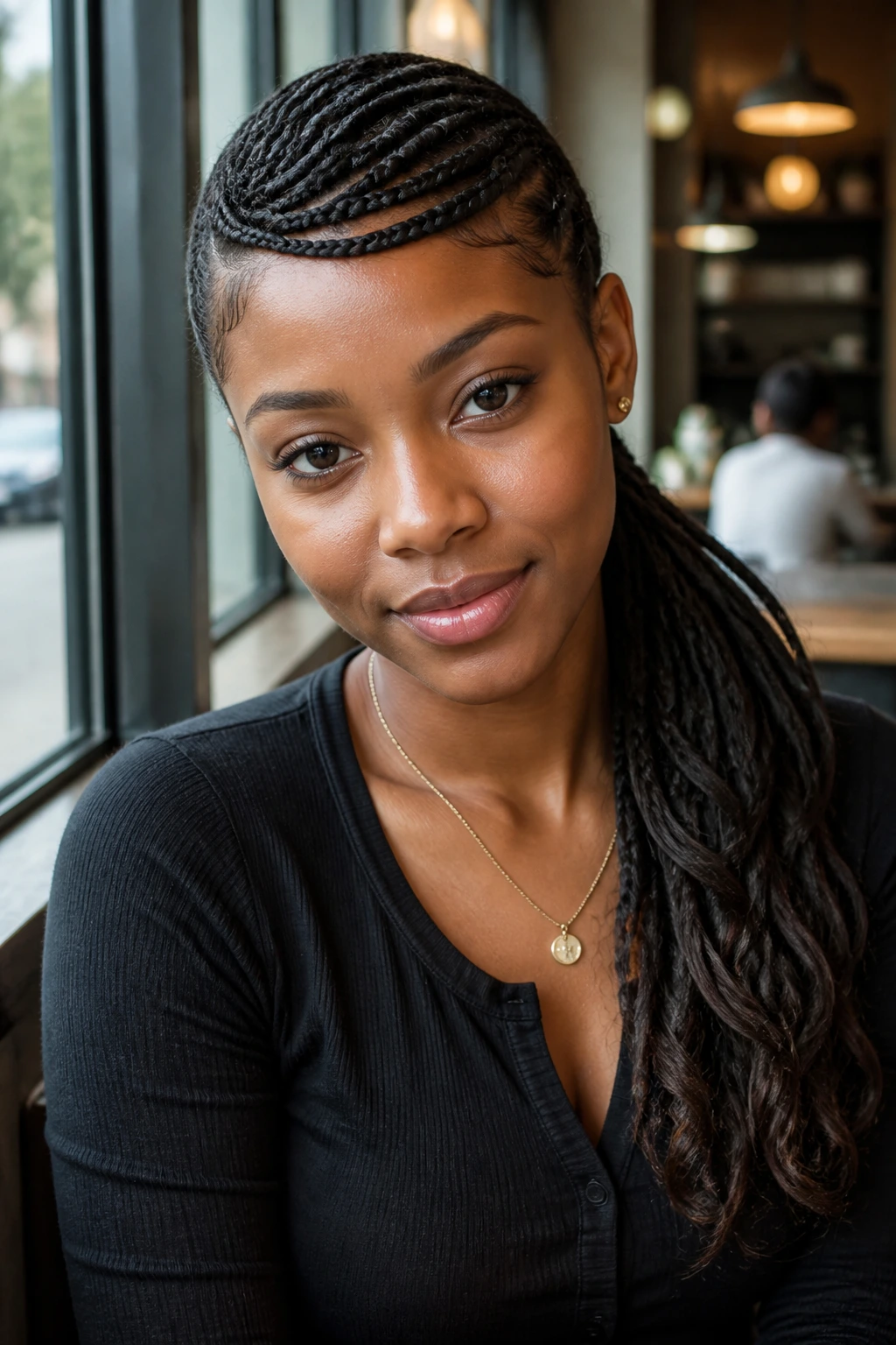 Close-up portrait of a real woman with side-swooped braided tail over shoulder