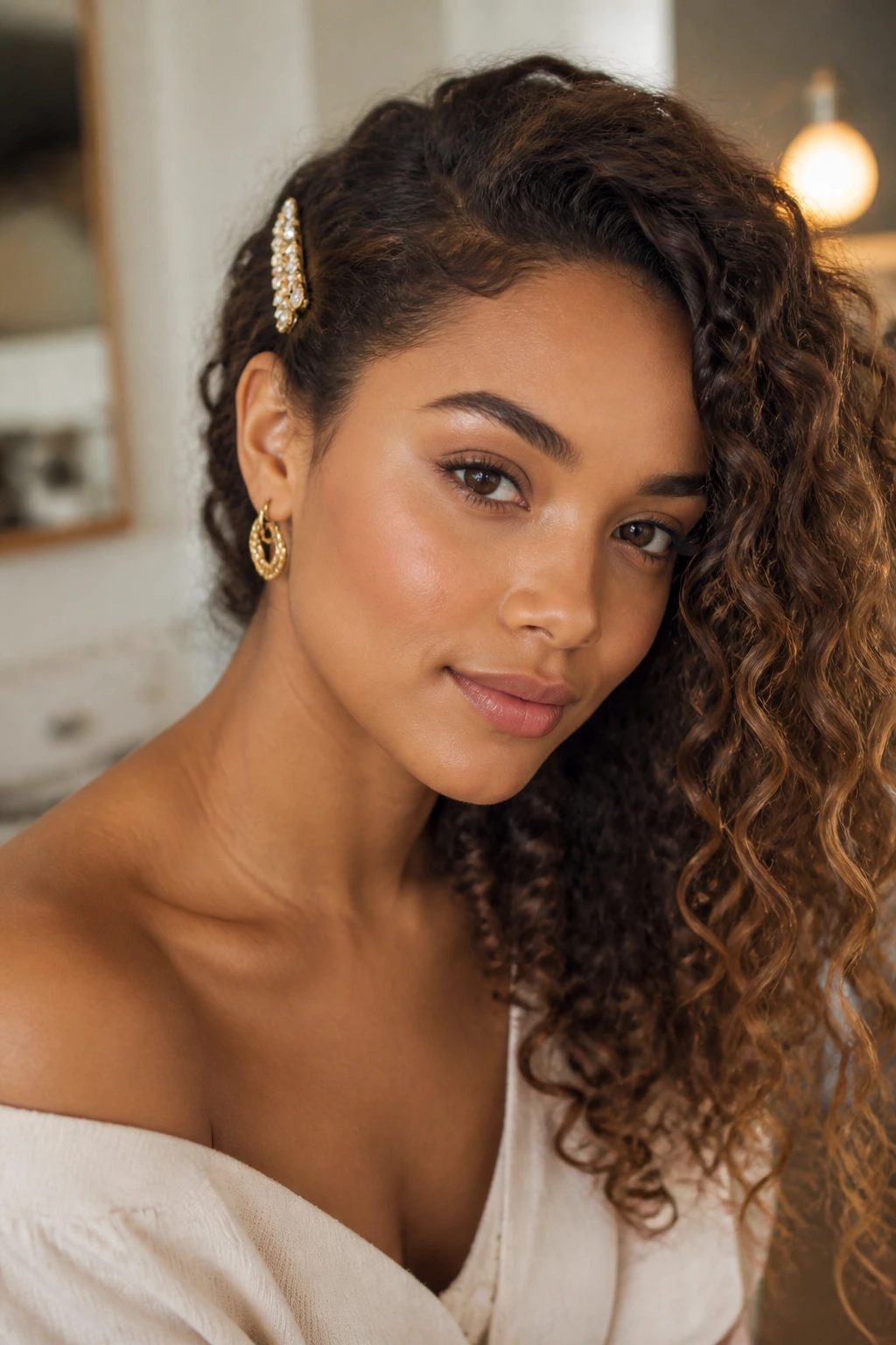 Close-up of a real woman with side-tuck waves and a barrette behind one ear