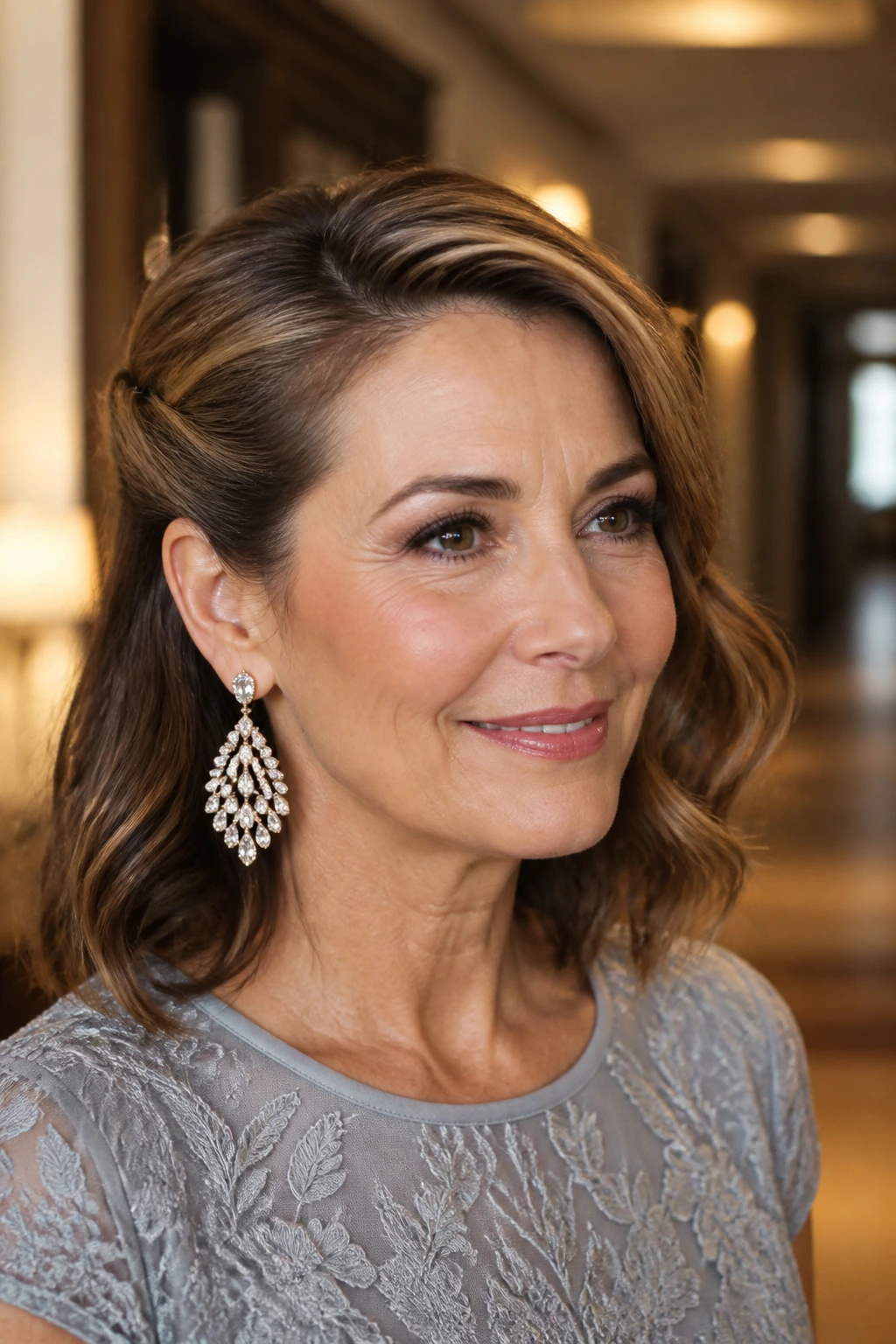 Close-up of a real woman with a side tuck behind the ear showcasing bold earrings