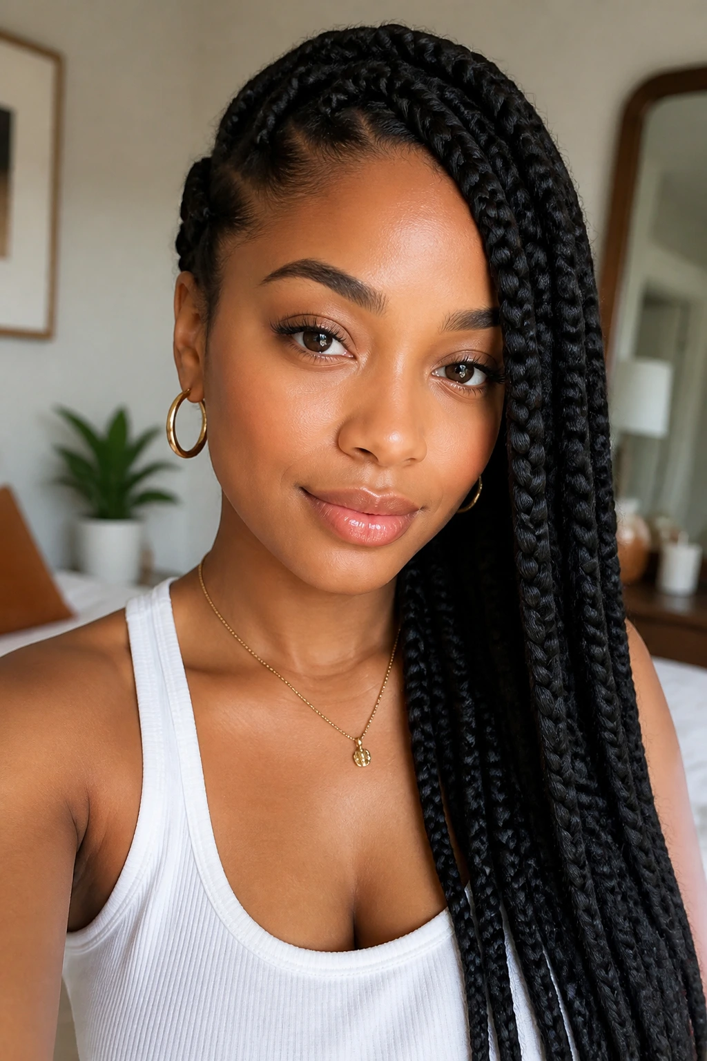 Close-up of a real woman with a side-tucked jumbo braid opening the face
