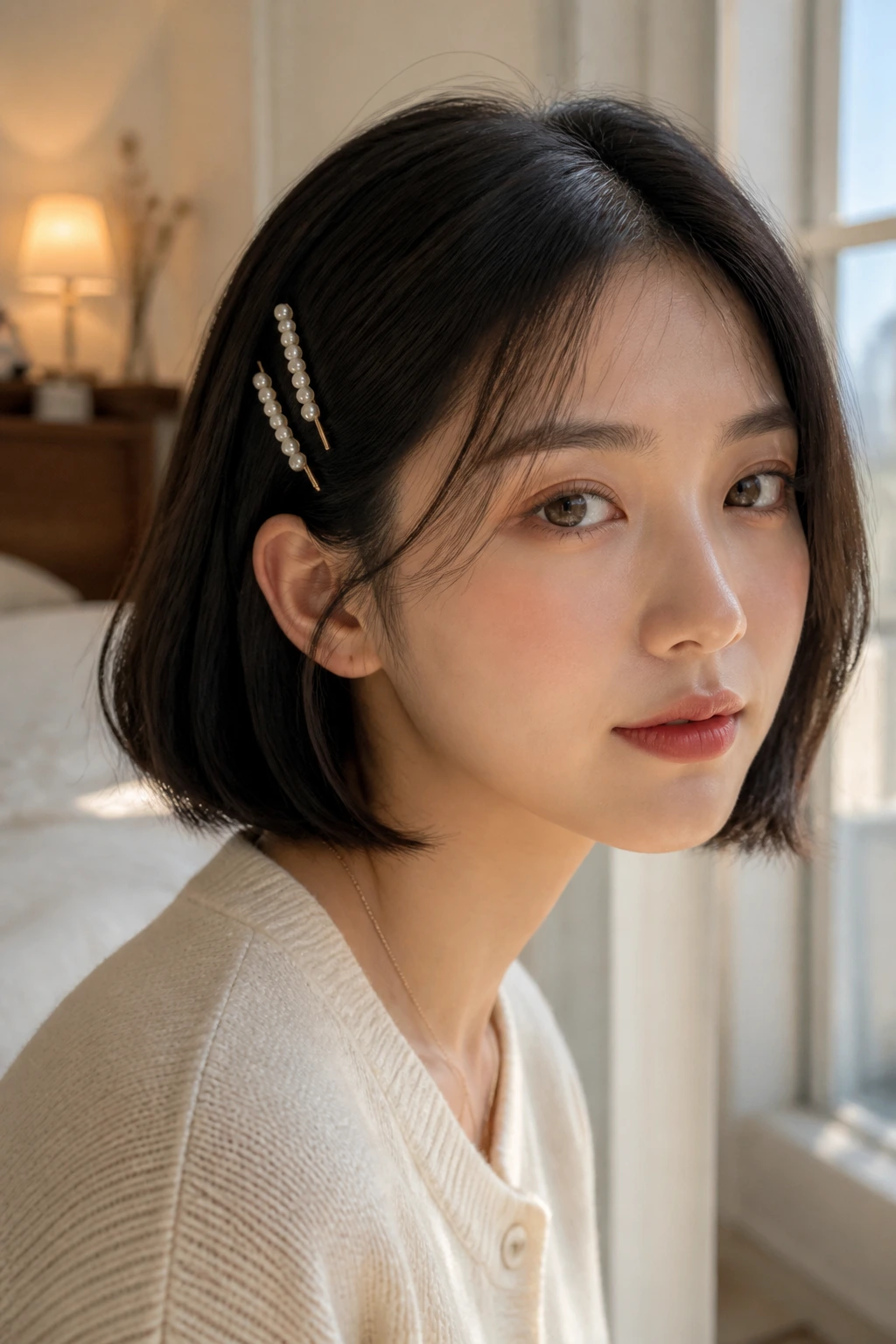 Side tuck with pearl pins on bob-length hair, close-up portrait of a real woman