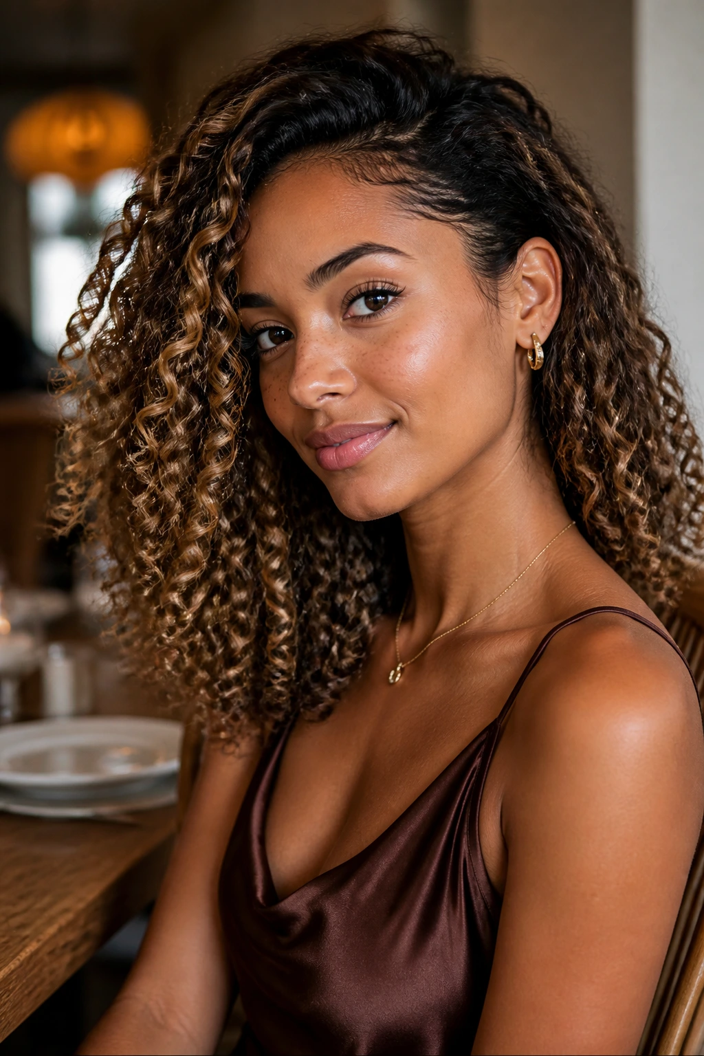 Real woman with side-tucked curls and glossy ends