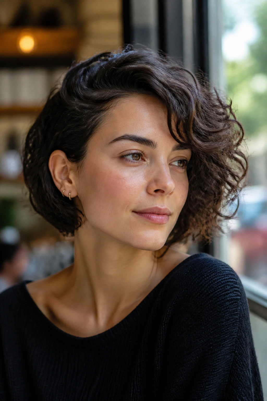 Close-up of a real woman with one side tucked behind the ear in a French bob.