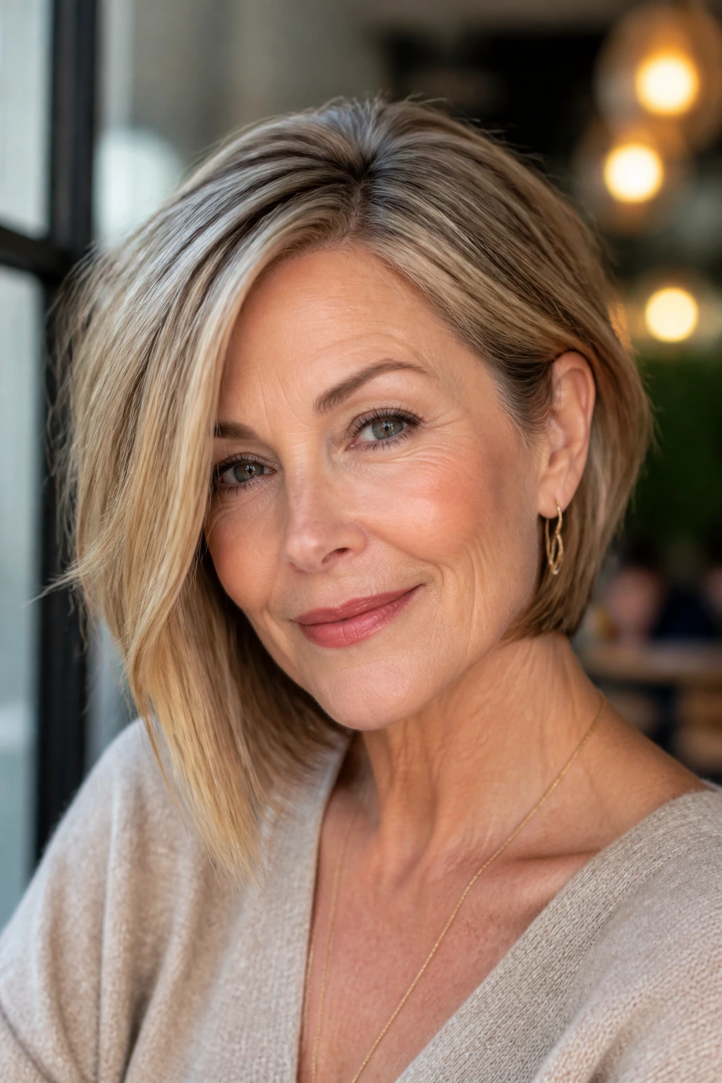 Close-up portrait of a real woman with a side-tucked lob and longer front piece.