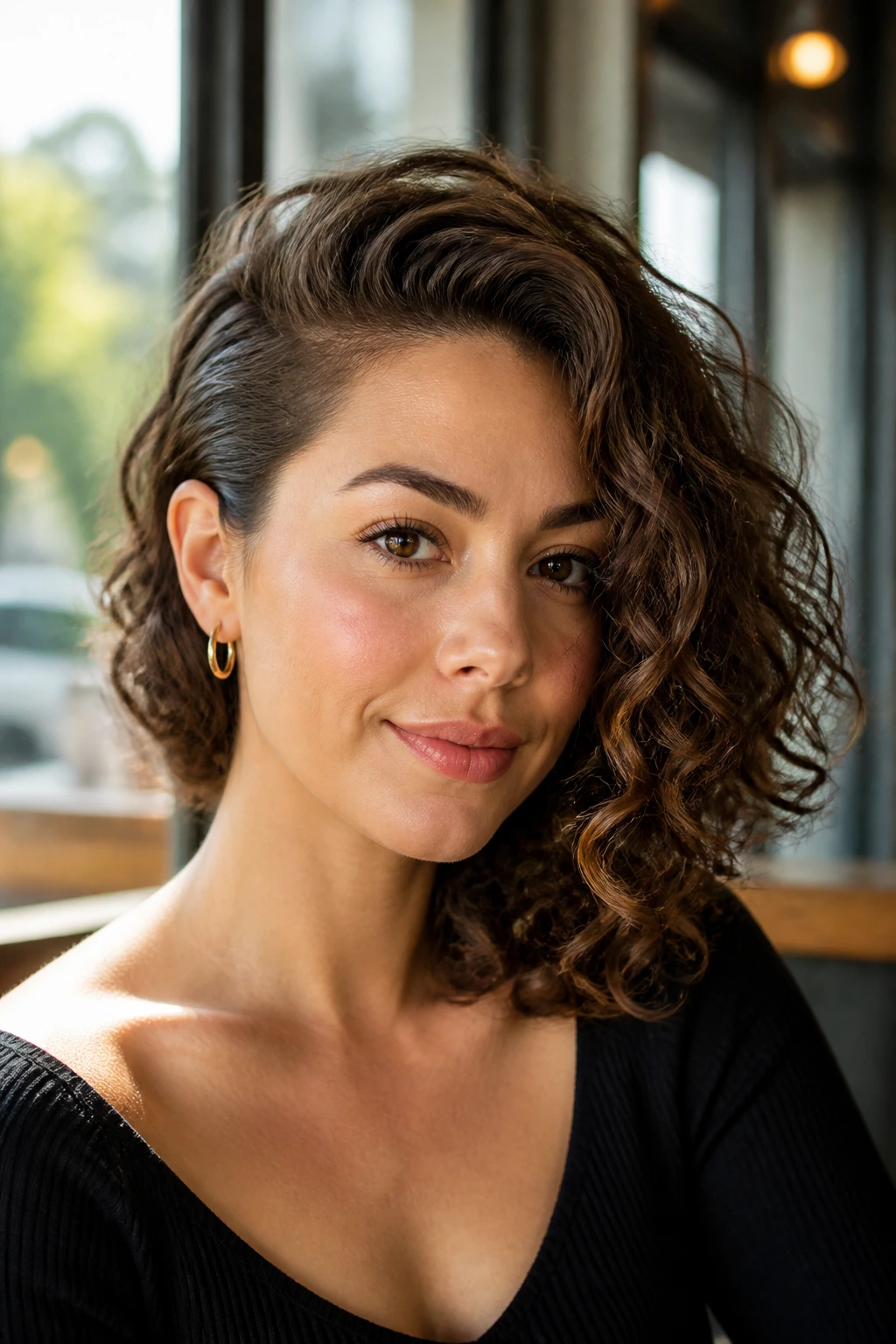 Close-up portrait with one side tucked behind the ear and the other side loose curls