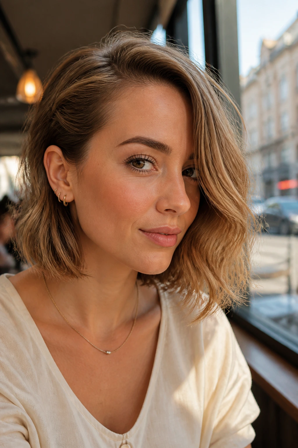 Close-up of a real woman with one side tucked behind the ear and the other side loose, highlighting the waves.