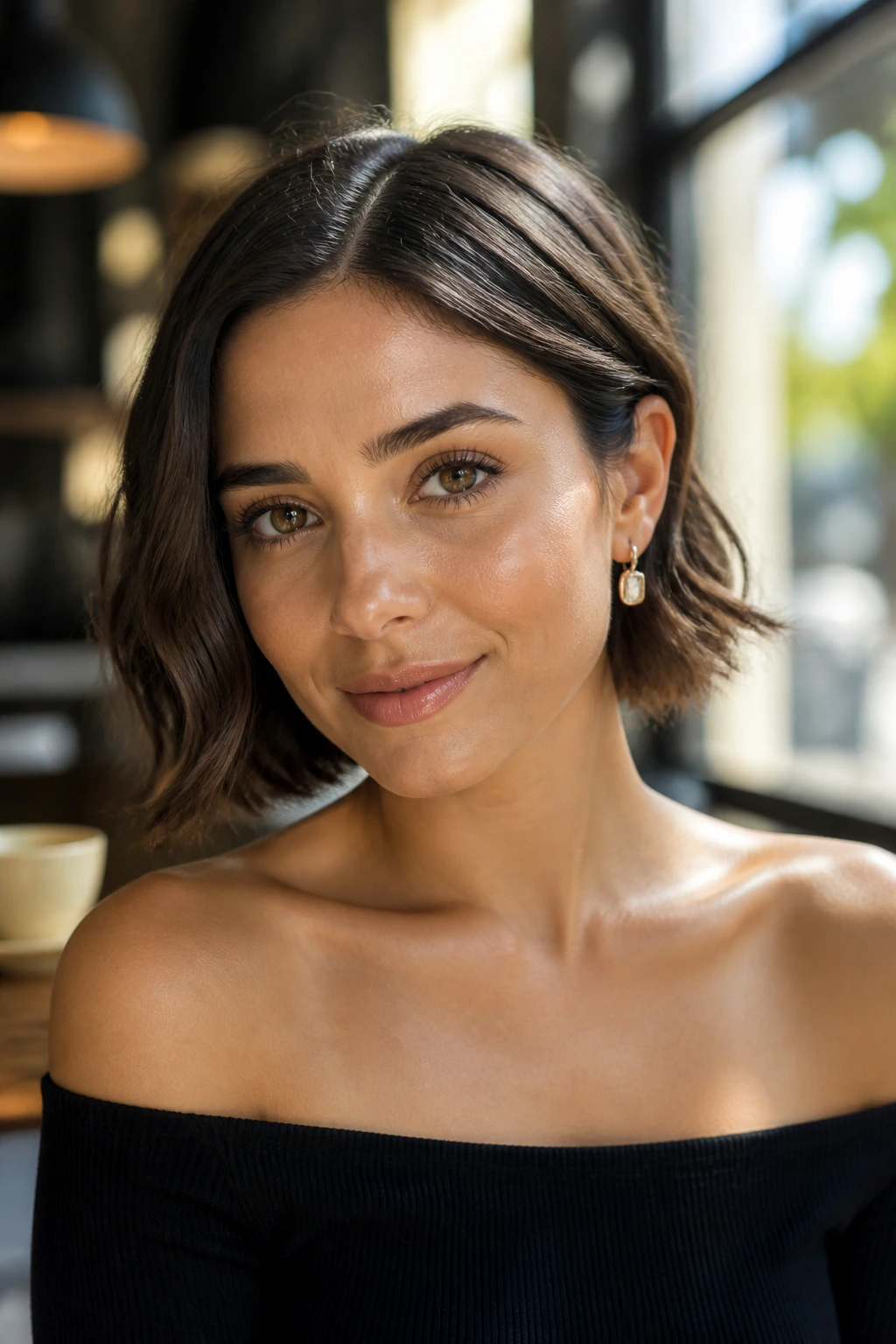 Close-up of a real woman with middle part and side-tucked soft waves