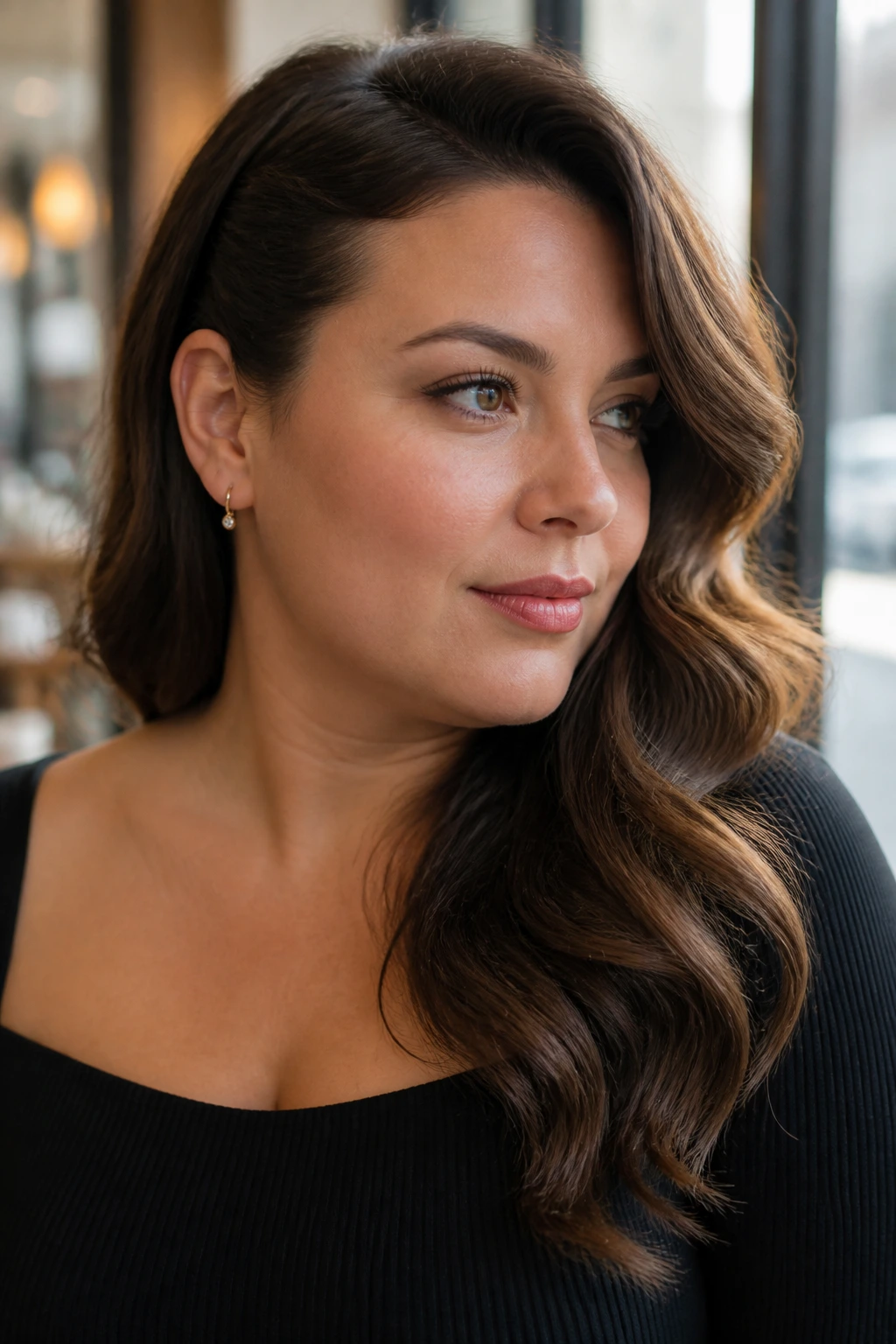 Close-up portrait of a real woman with side-tucked glam waves and exposed jawline, natural daylight