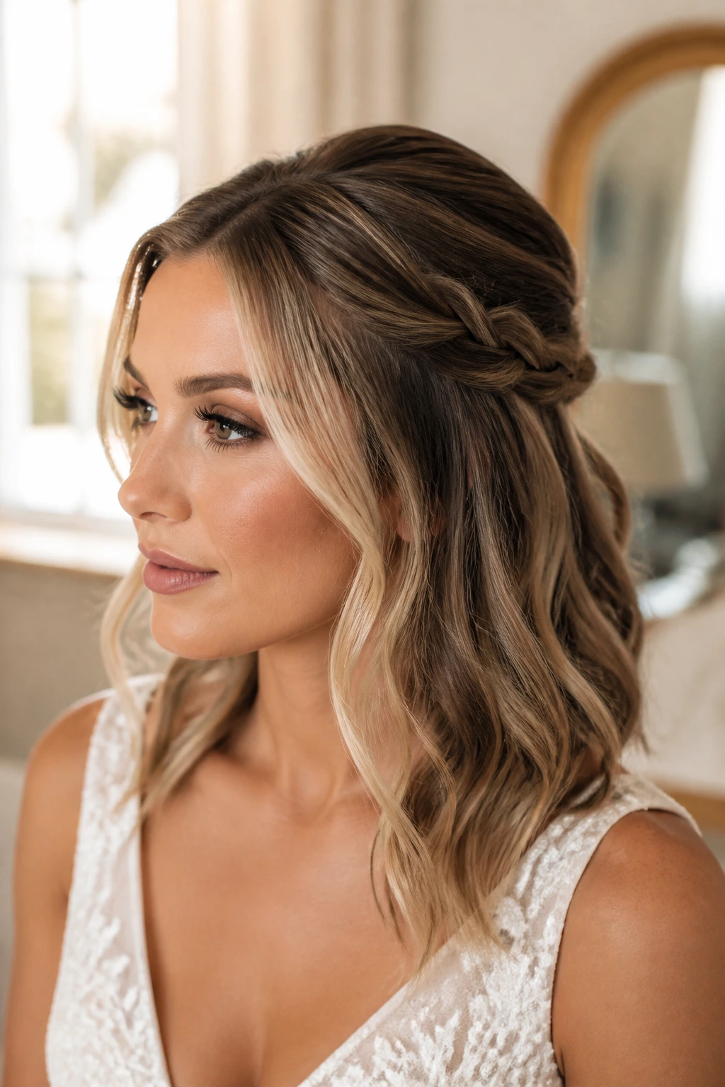 Real bride showing medium-length side twist framing the money piece.