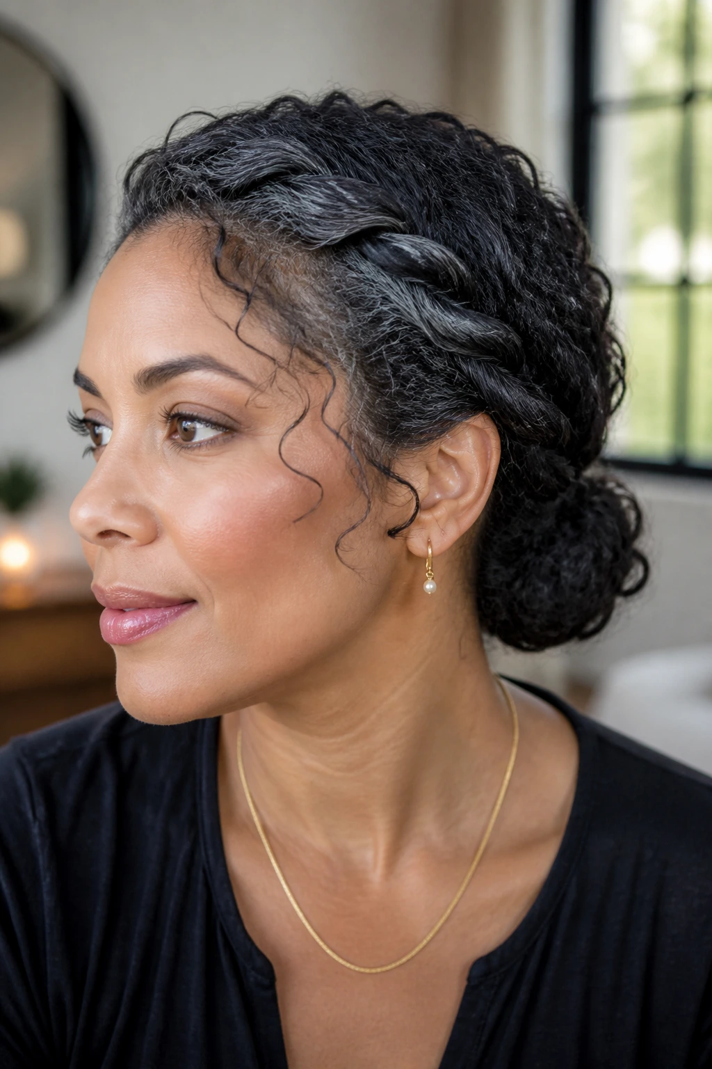 Portrait of a person with a sleek side twist and a low bun