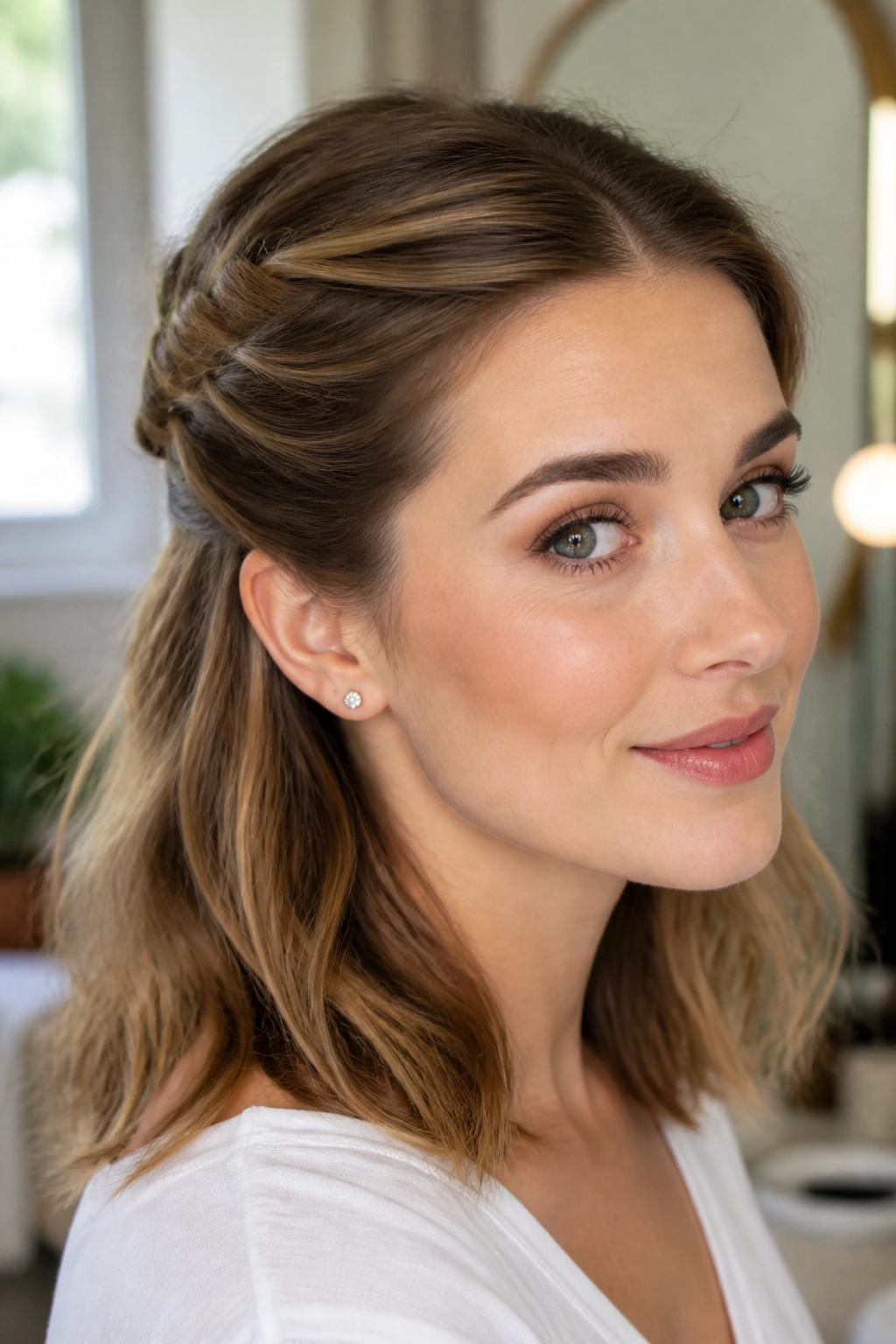 Real woman with a side-twist half-up hairstyle