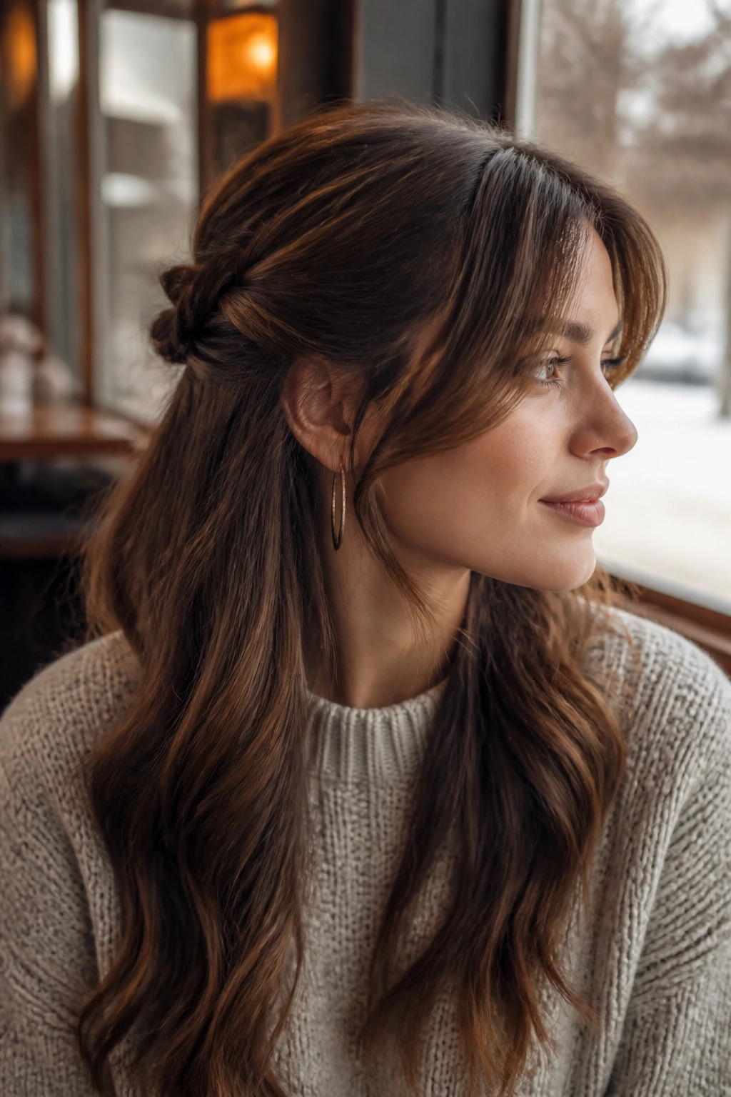 Close-up of a real woman with side-twist half-up and curtain bangs in a warm cafe window setting