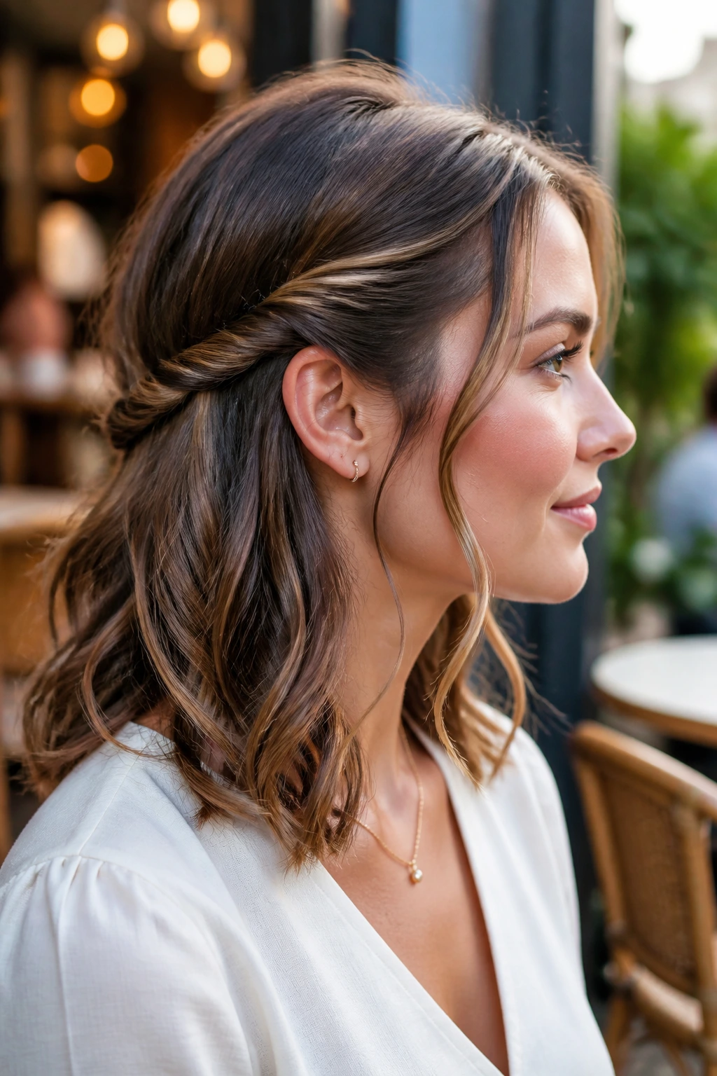 Profile view of a woman with a side twist and tendrils at the front