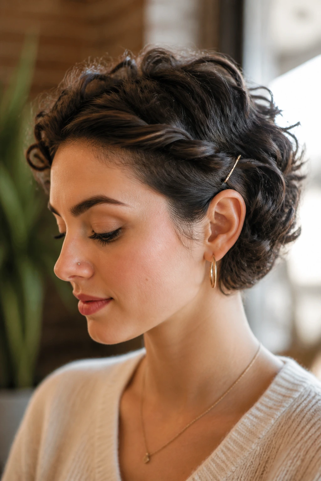 Close-up portrait of a person with a side-twist tucked behind the ear