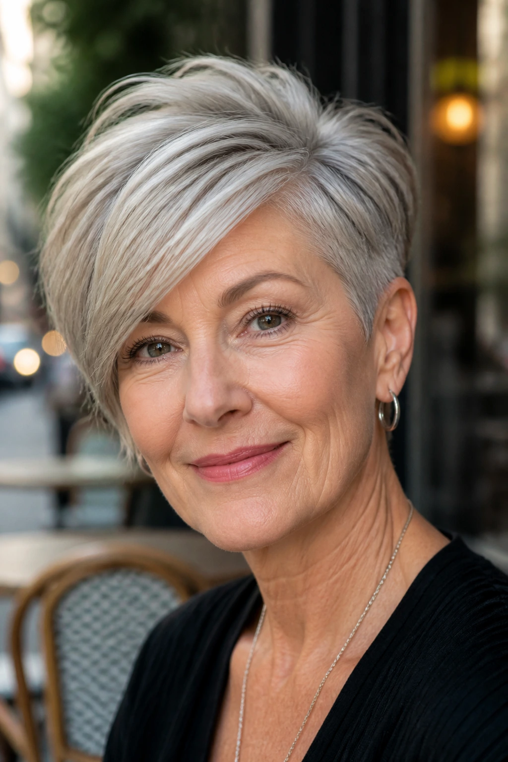 Portrait of a woman with a side-volume crop on an urban street setting.