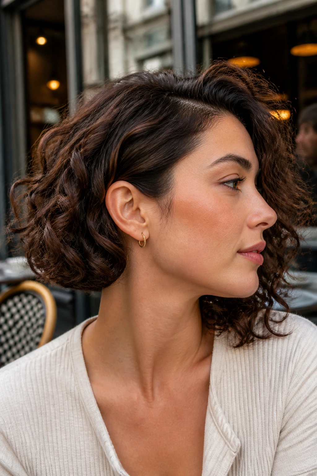 Side-volume haircut with tucked nape on a real woman at a cafe