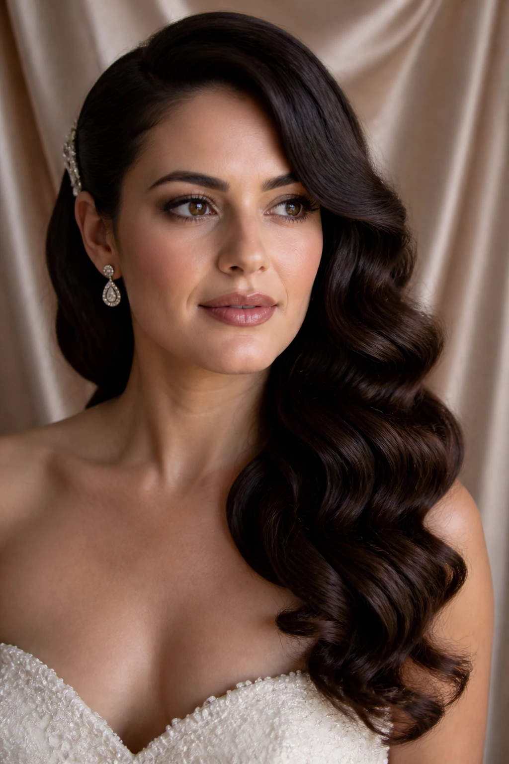 Bride with old-Hollywood side waves tucked behind the ear