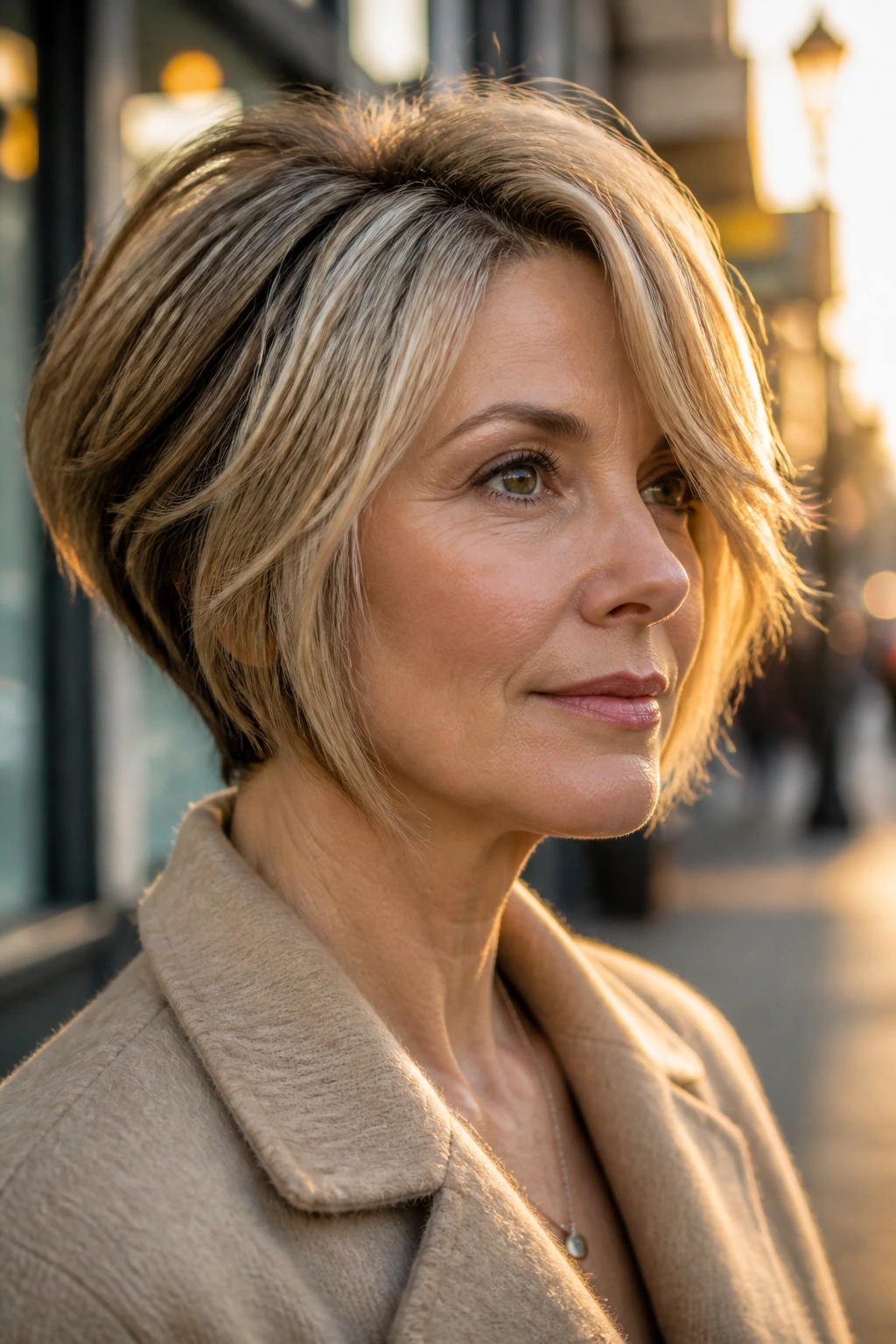 Portrait of a real woman with side-weighted stack and off-center fringe