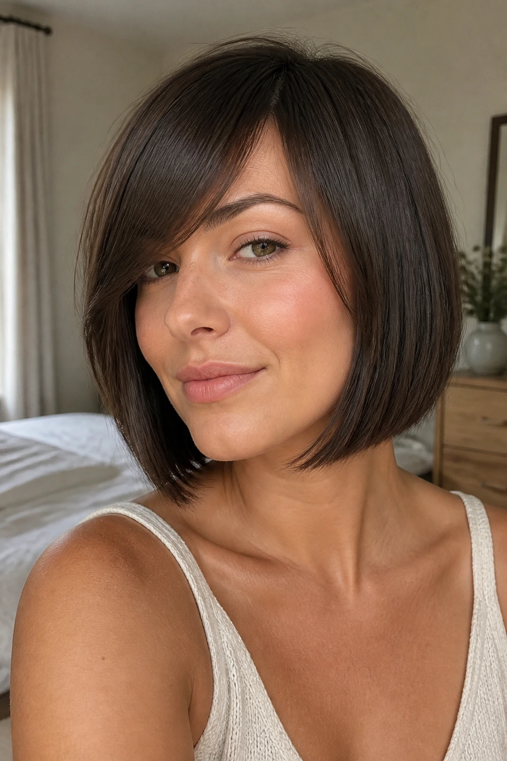 Close-up portrait of a real woman with a side-bang bob and long side bangs in natural window light.