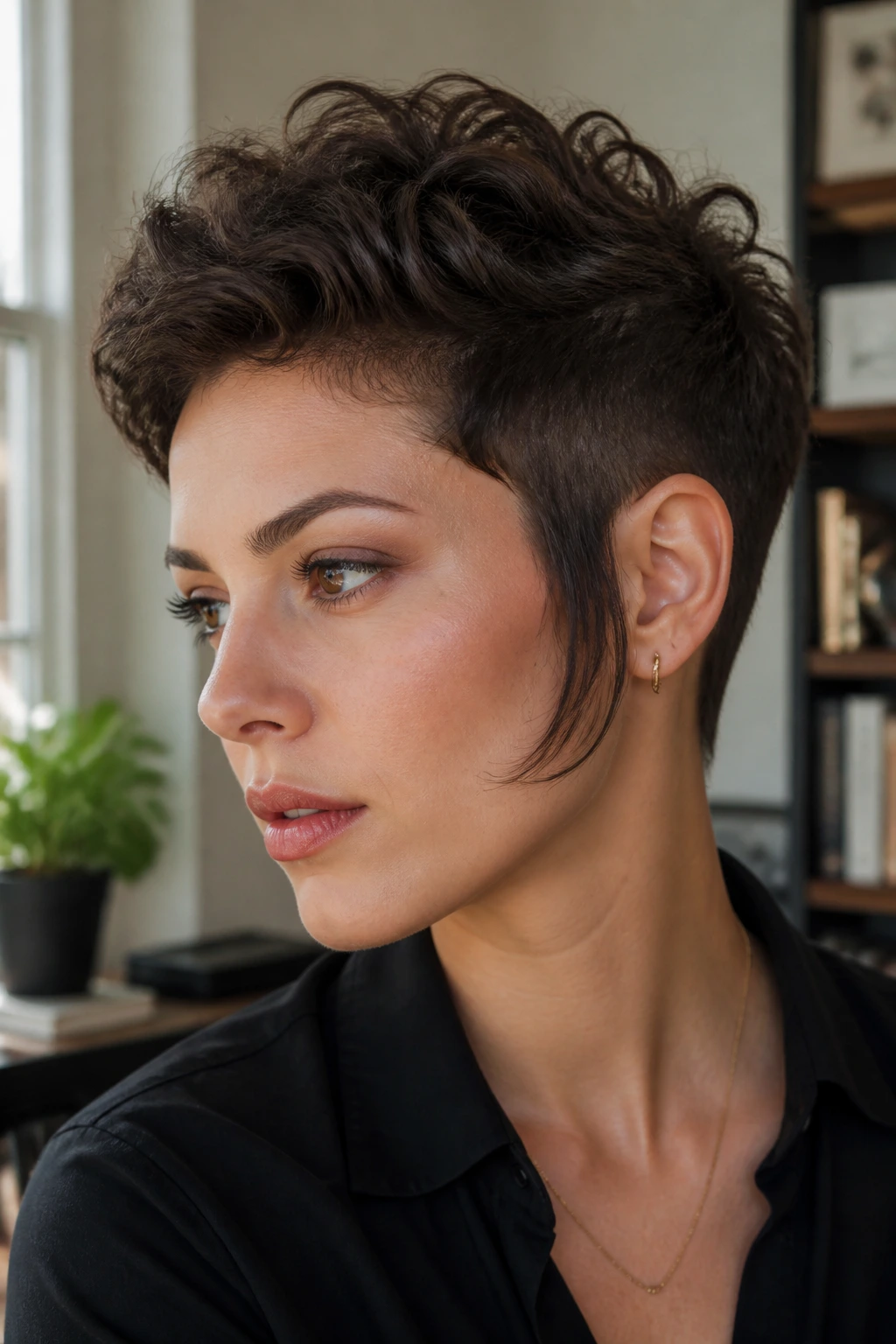 Close-up of a real woman with sideburn-framed pixie and ear tuck in a chic home-office