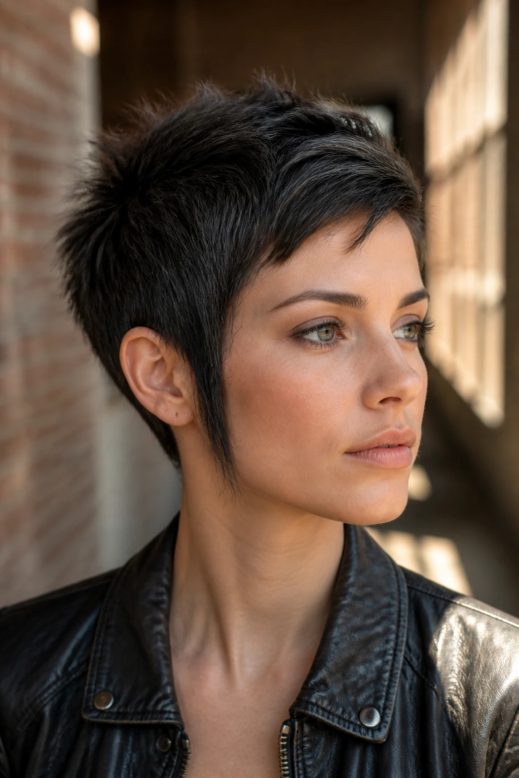 Close-up portrait of a real person with sideburn-framed pixie in a sunlit space