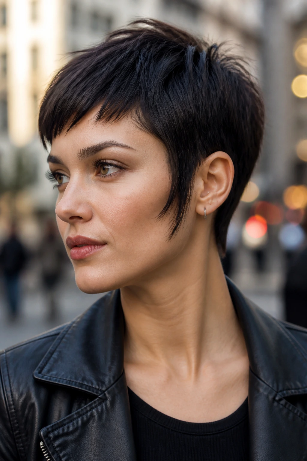 Sideburn statement pixie on real woman, close-up portrait showing temple-length sideburns
