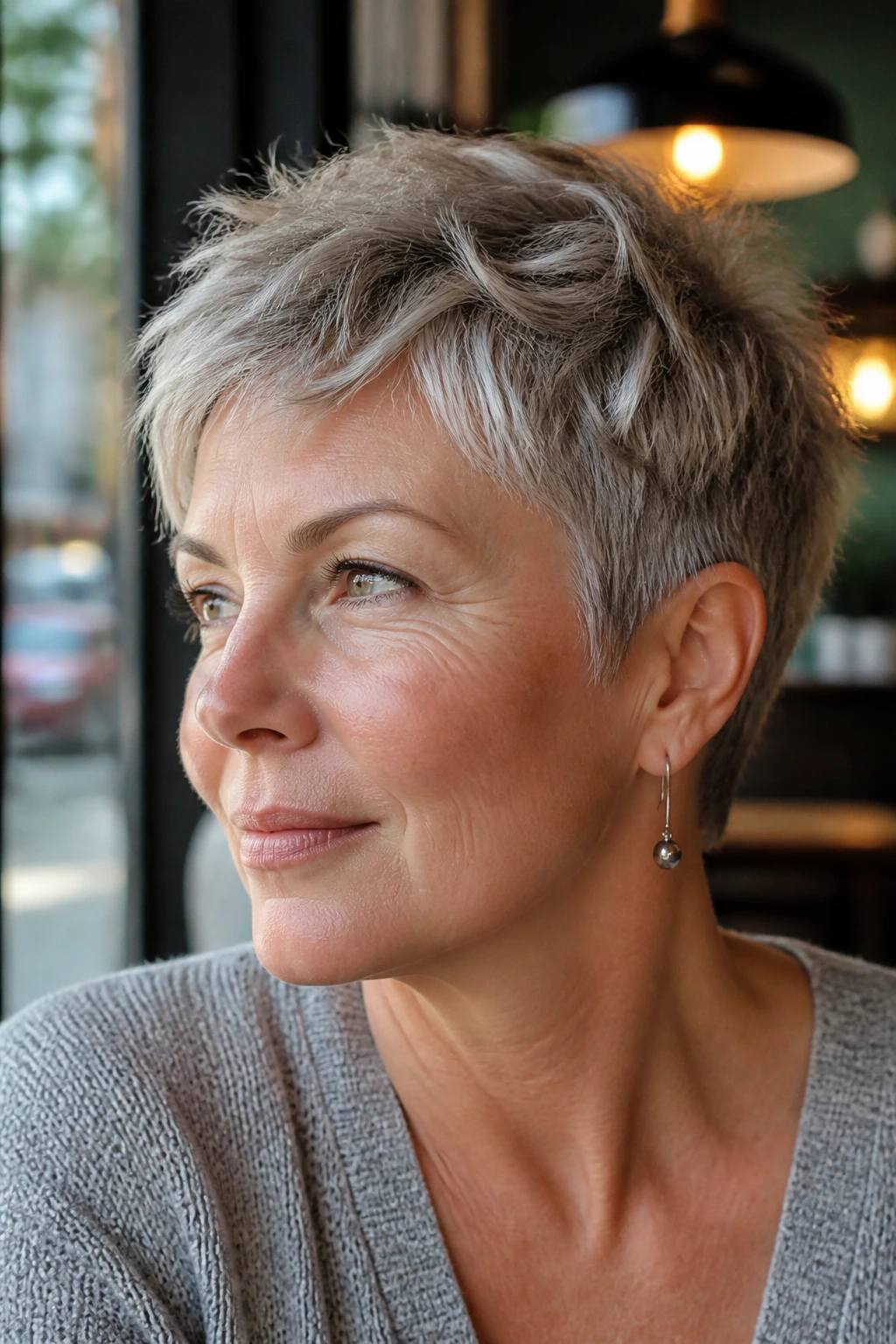 Close-up of a real woman with sideburn-softened crop showing softened ear area