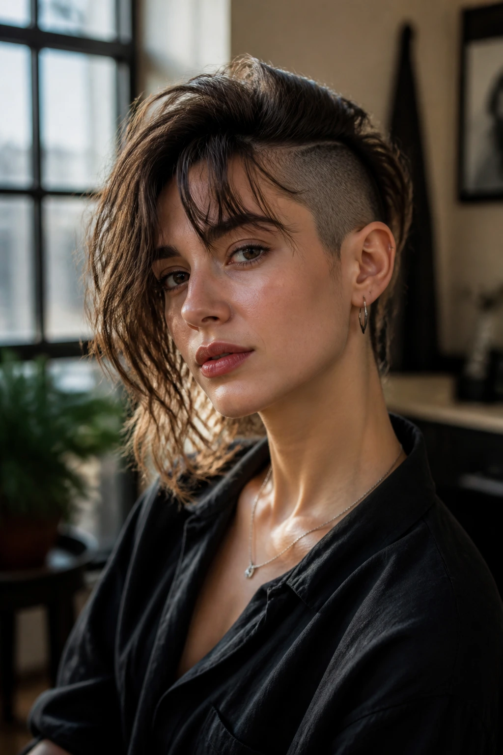 Three-quarter portrait of a real person with Sidecut Sweep hairstyle and curtain bangs