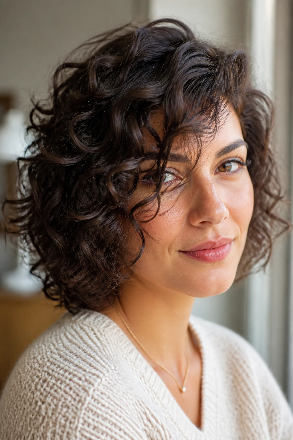 Woman with side-parted cut and face-skimming bangs