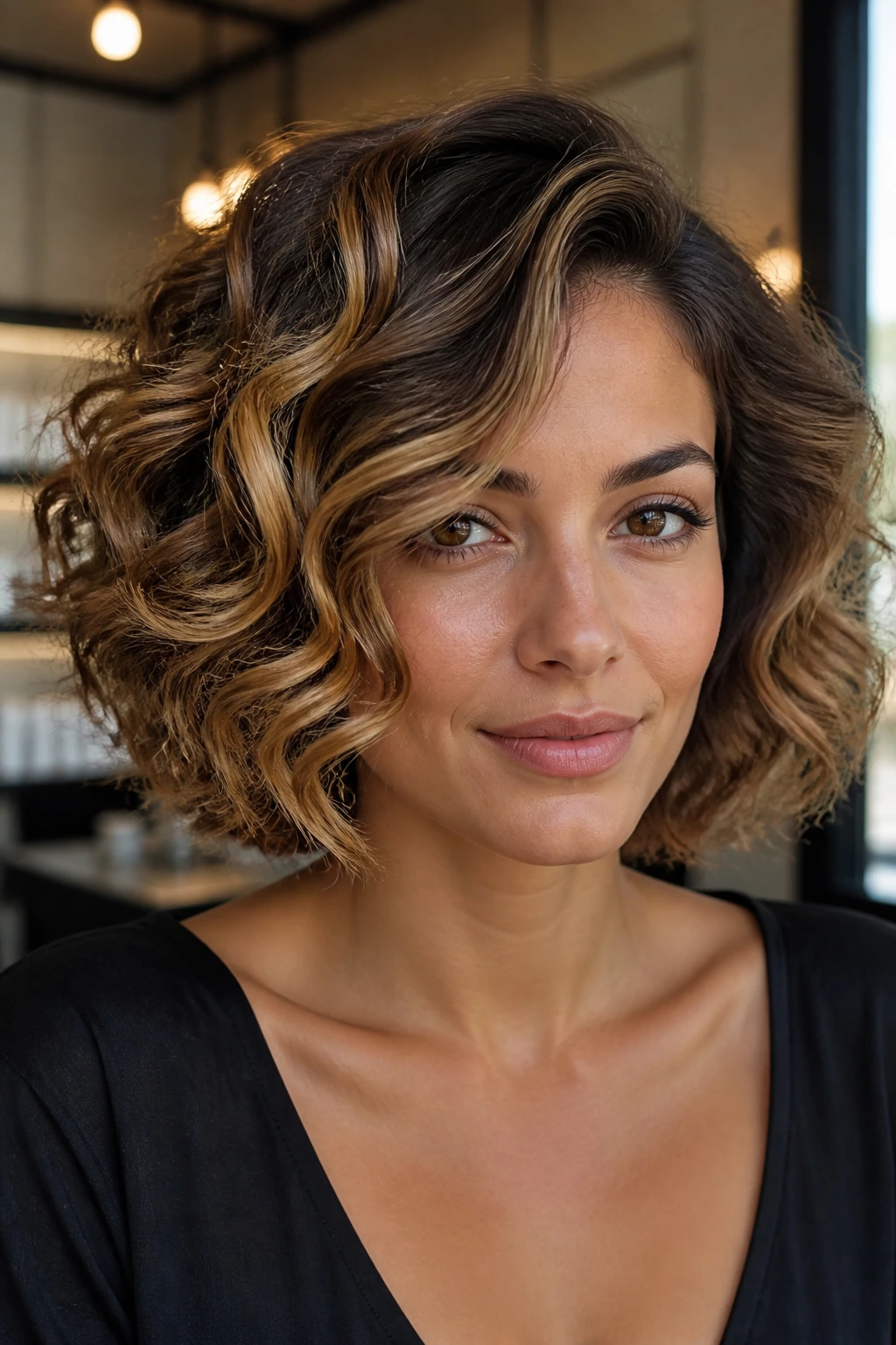 Close-up of a real woman with side-part curly bob honey highlights