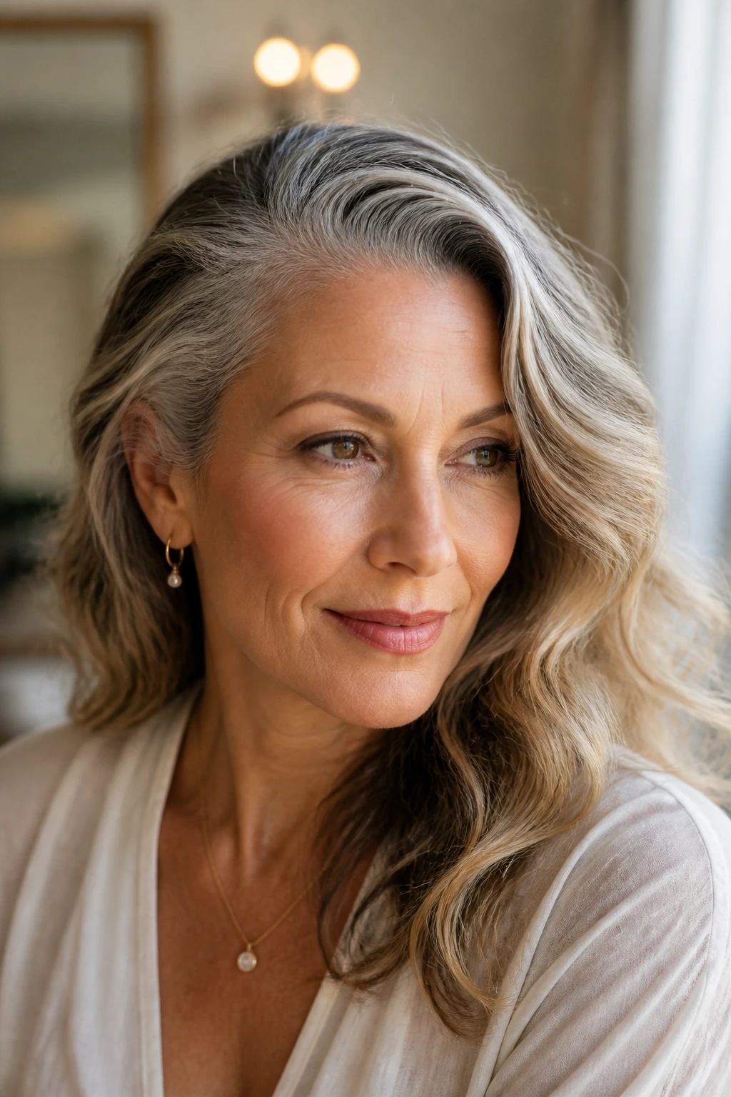 Close-up of a real woman with deep-part side-swept waves.
