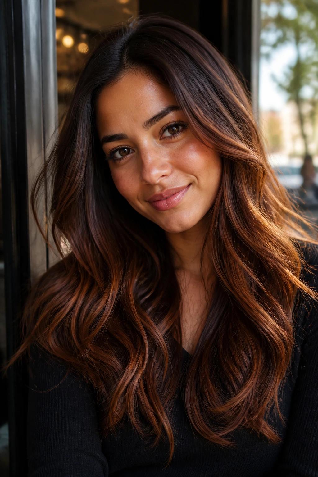 Close-up portrait of a real woman with Sienna Balayage on olive skin in warm light
