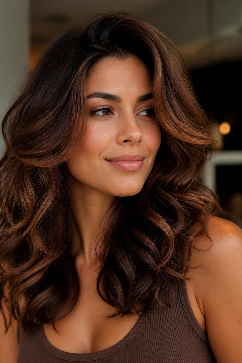 Close-up of sienna brunette with warm contour around face