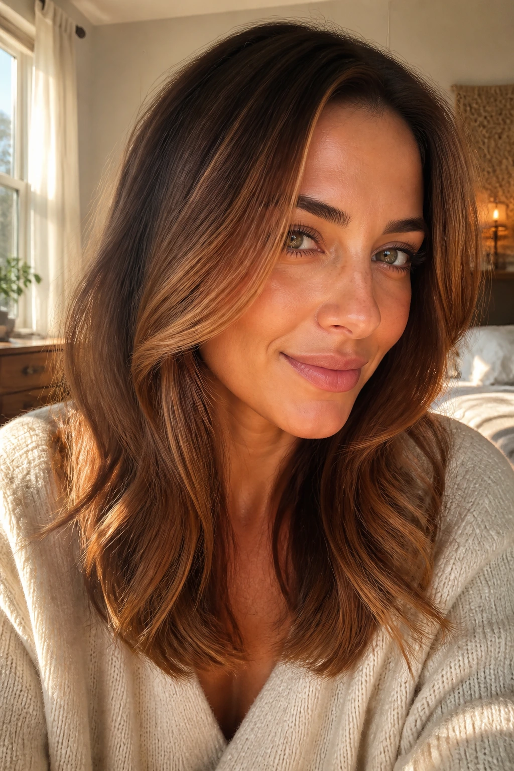 Close-up of a real woman's hair with sienna sweep balayage framing the face