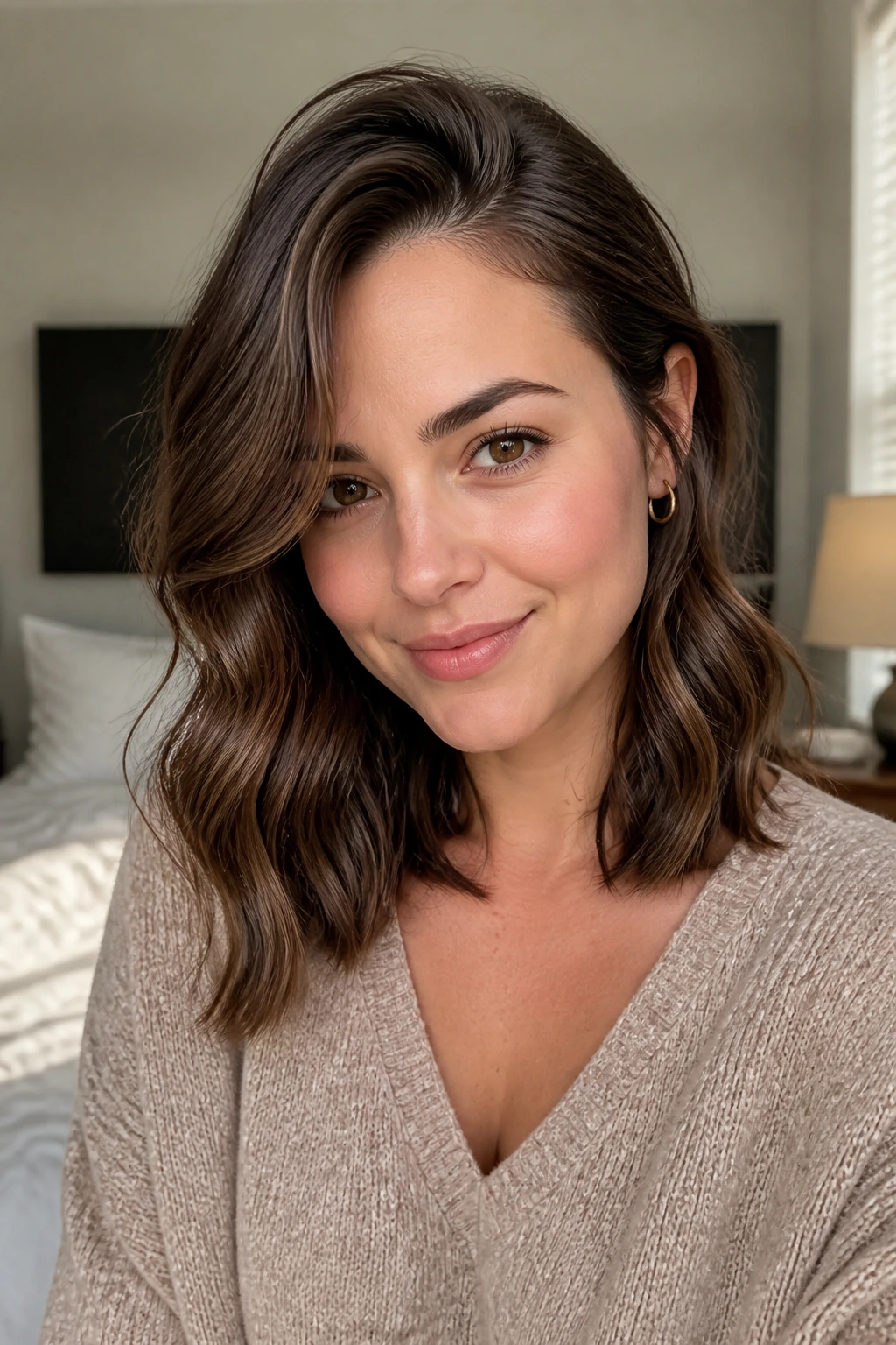 Close-up of a real woman with crown-lifted, off-center wavy hair showing silhouette enhancement